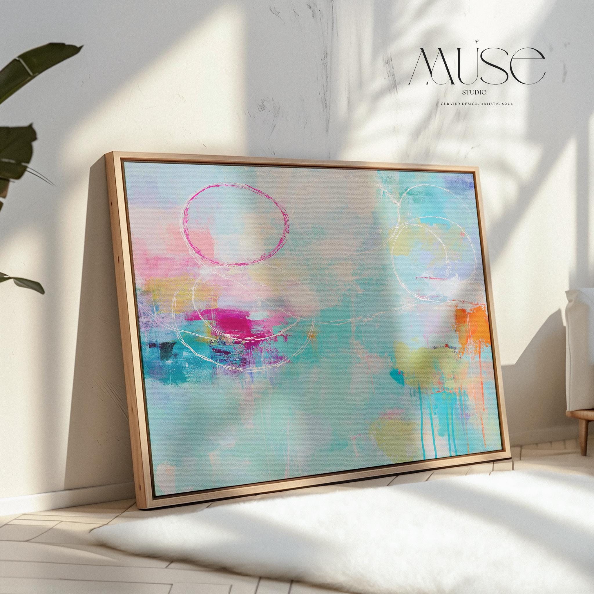 Soft Contemporary Abstract Wall Art Aqua Pink and Orange Horizontal Framed Canvas Coastal Horizon Painting for Living Room or Bedroom 484