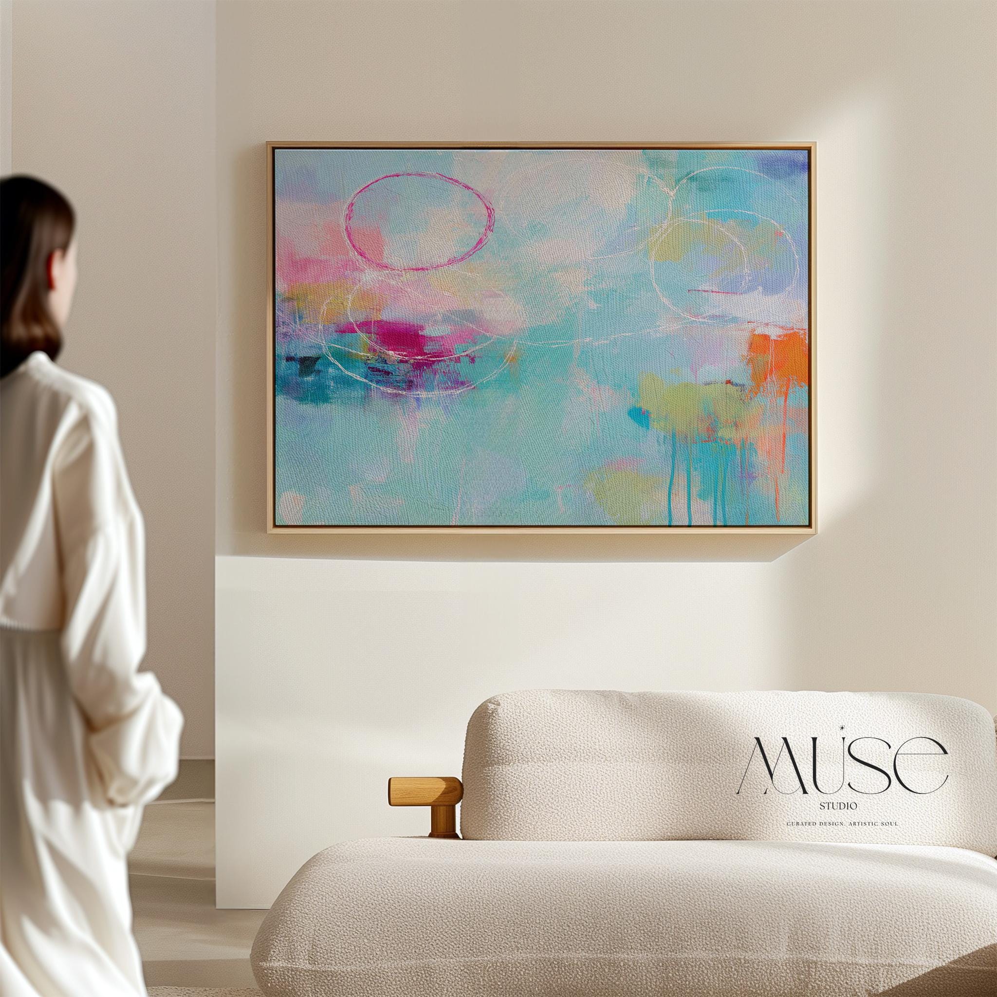 Soft Contemporary Abstract Wall Art Aqua Pink and Orange Horizontal Framed Canvas Coastal Horizon Painting for Living Room or Bedroom 484