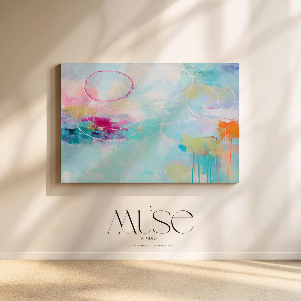 Horizontal Abstract Canvas Wall Art Aqua Blush and Orange Painting Soft Contemporary Decor Coastal Horizon Living Room Art Muse Studio 484