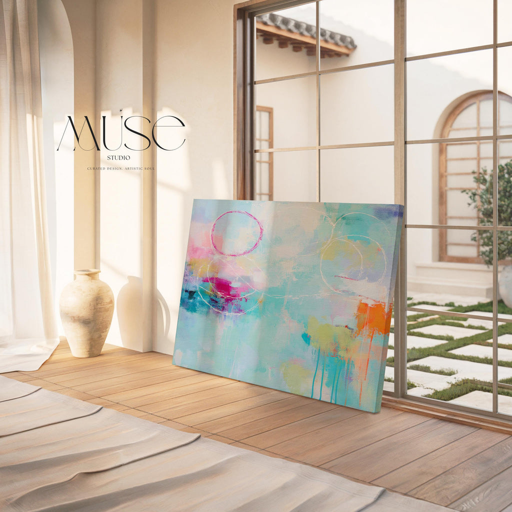 Horizontal Abstract Canvas Wall Art Aqua Blush and Orange Painting Soft Contemporary Decor Coastal Horizon Living Room Art Muse Studio 484