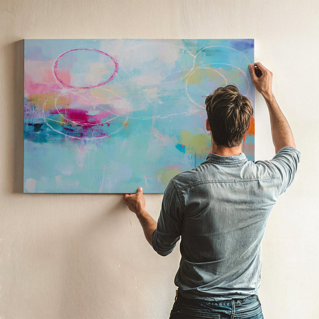 Horizontal Abstract Canvas Wall Art Aqua Blush and Orange Painting Soft Contemporary Decor Coastal Horizon Living Room Art Muse Studio 484