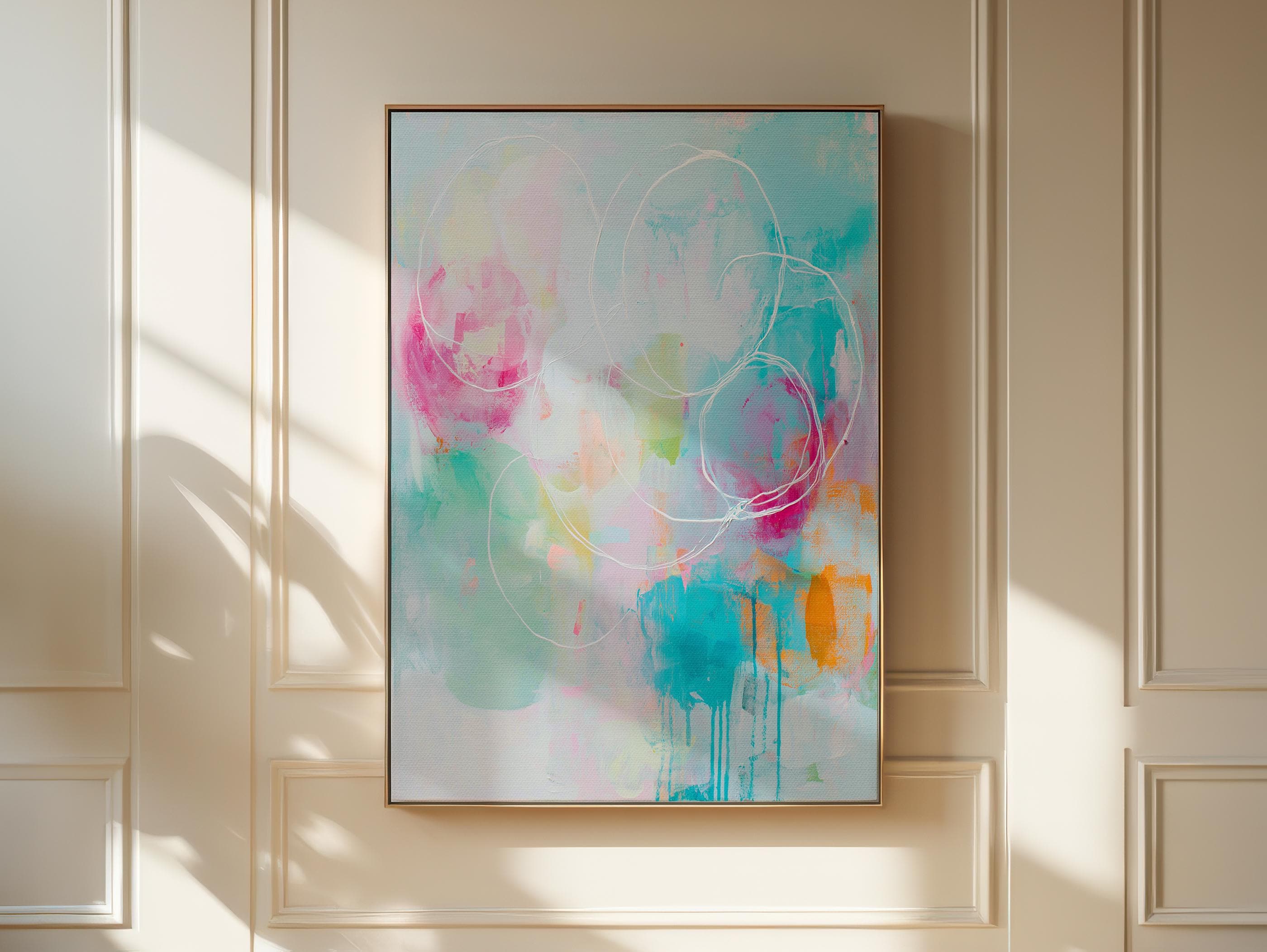 Vertical Canvas Wall Art Pink Aqua and Orange Abstract Painting Preppy Soft Art Modern Living Room Decor Framed Pastel Statement Muse 485
