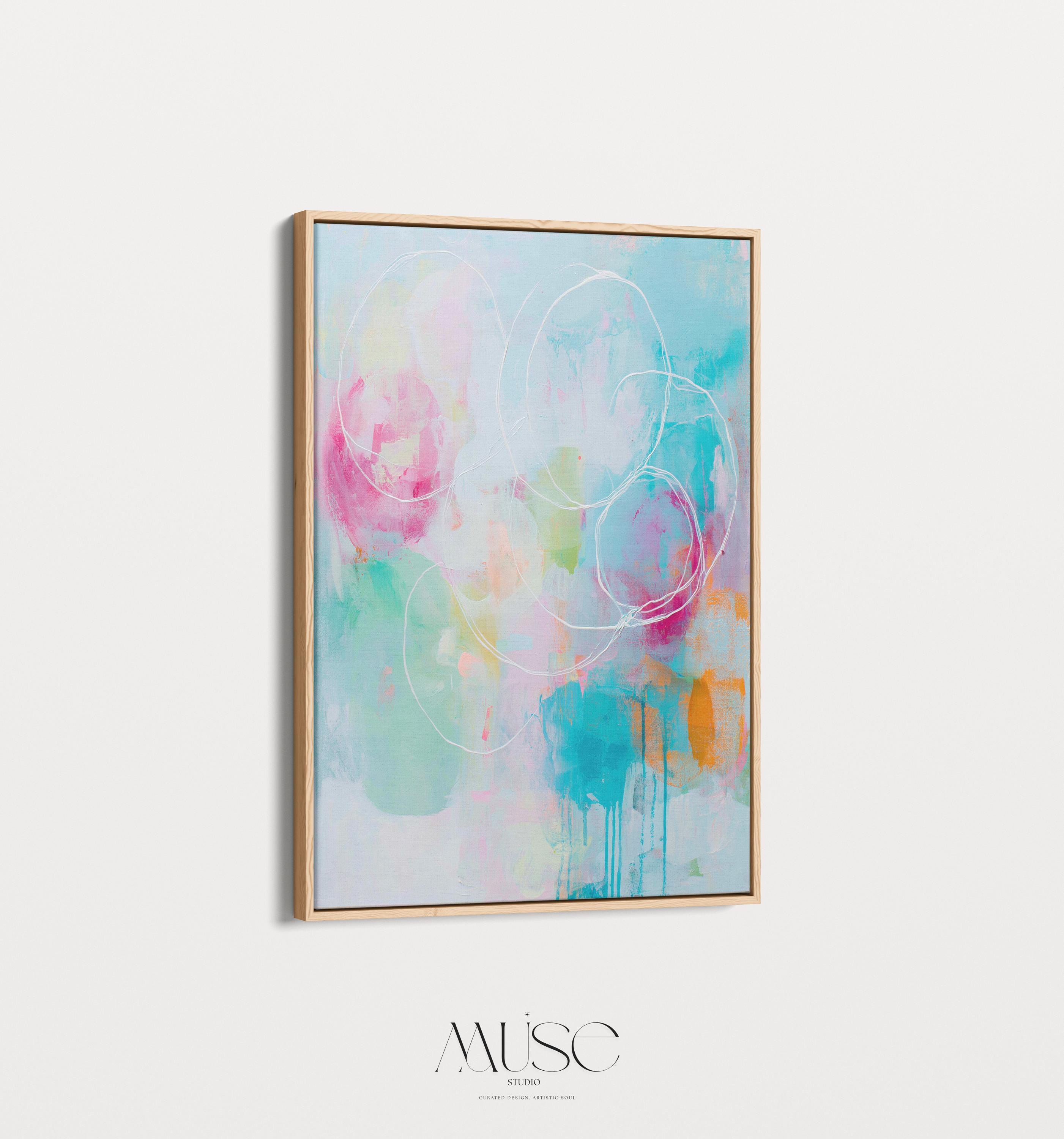 Vertical Canvas Wall Art Pink Aqua and Orange Abstract Painting Preppy Soft Art Modern Living Room Decor Framed Pastel Statement Muse 485