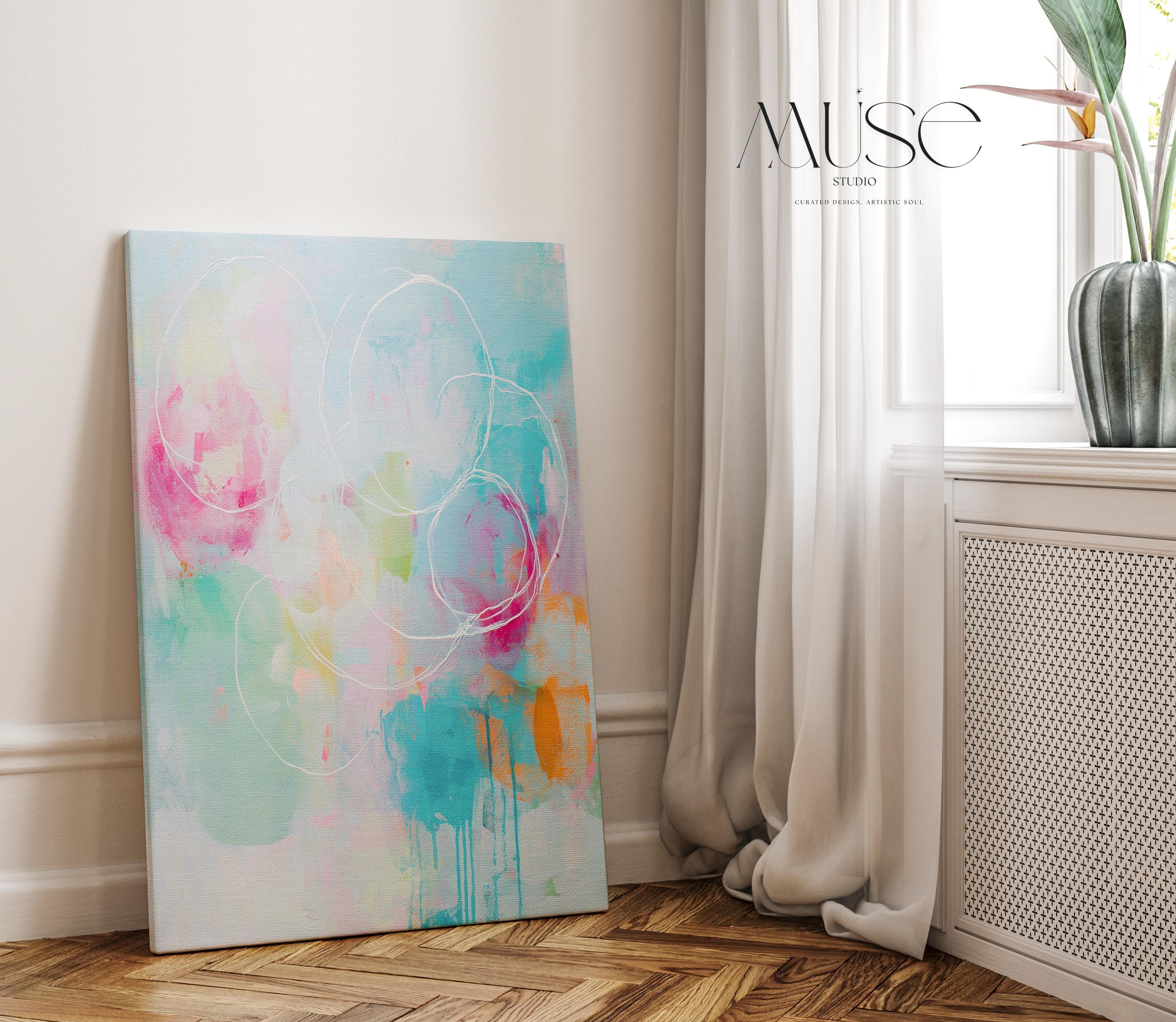 Abstract Circle Canvas Art Pink Teal and Orange Wall Decor Soft Contemporary Preppy Style for Bedroom or Entryway Vertical 485