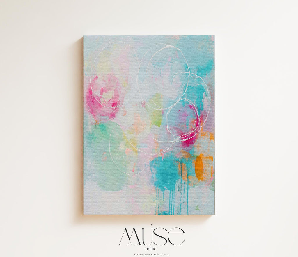 Abstract Circle Canvas Art Pink Teal and Orange Wall Decor Soft Contemporary Preppy Style for Bedroom or Entryway Vertical 485