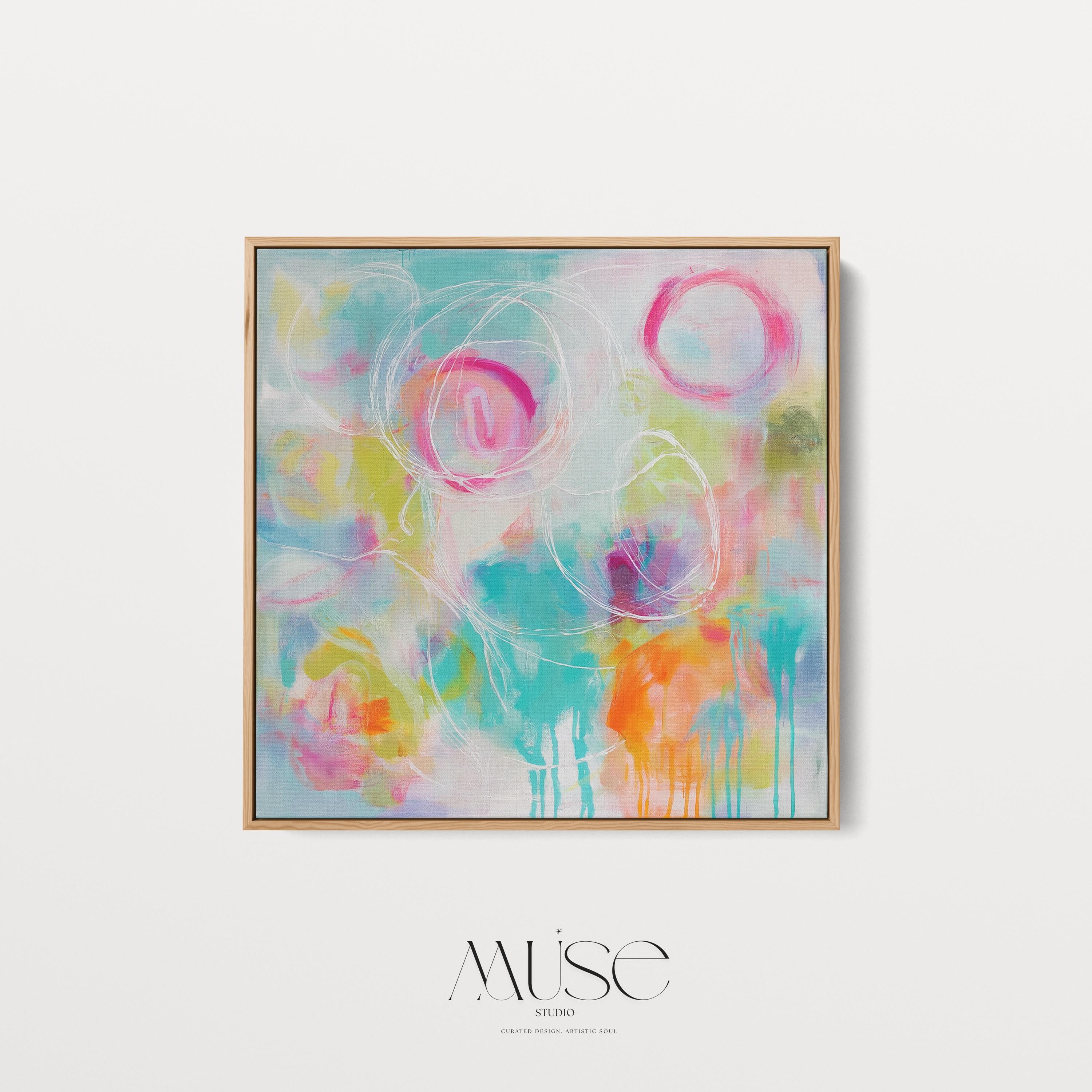 Colorful Abstract Canvas Wall Art Pink Teal and Orange Circles Bold Preppy Art for Bedroom or Office Square Decor Piece 486