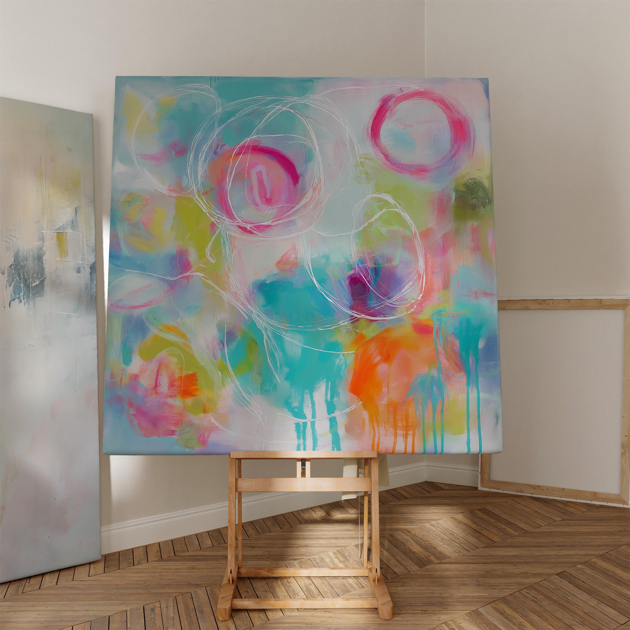 Colorful abstract canvas artwork with expressive pink, teal, and citrus brushstrokes, accented by white hand-drawn circular lines. The composition features bold drip techniques and a painterly blend of soft and vivid hues, creating a vibrant, uplifting mood ideal for designer living rooms, entryways, or creative spaces. Styled for high-end modern decor with a playful twist.