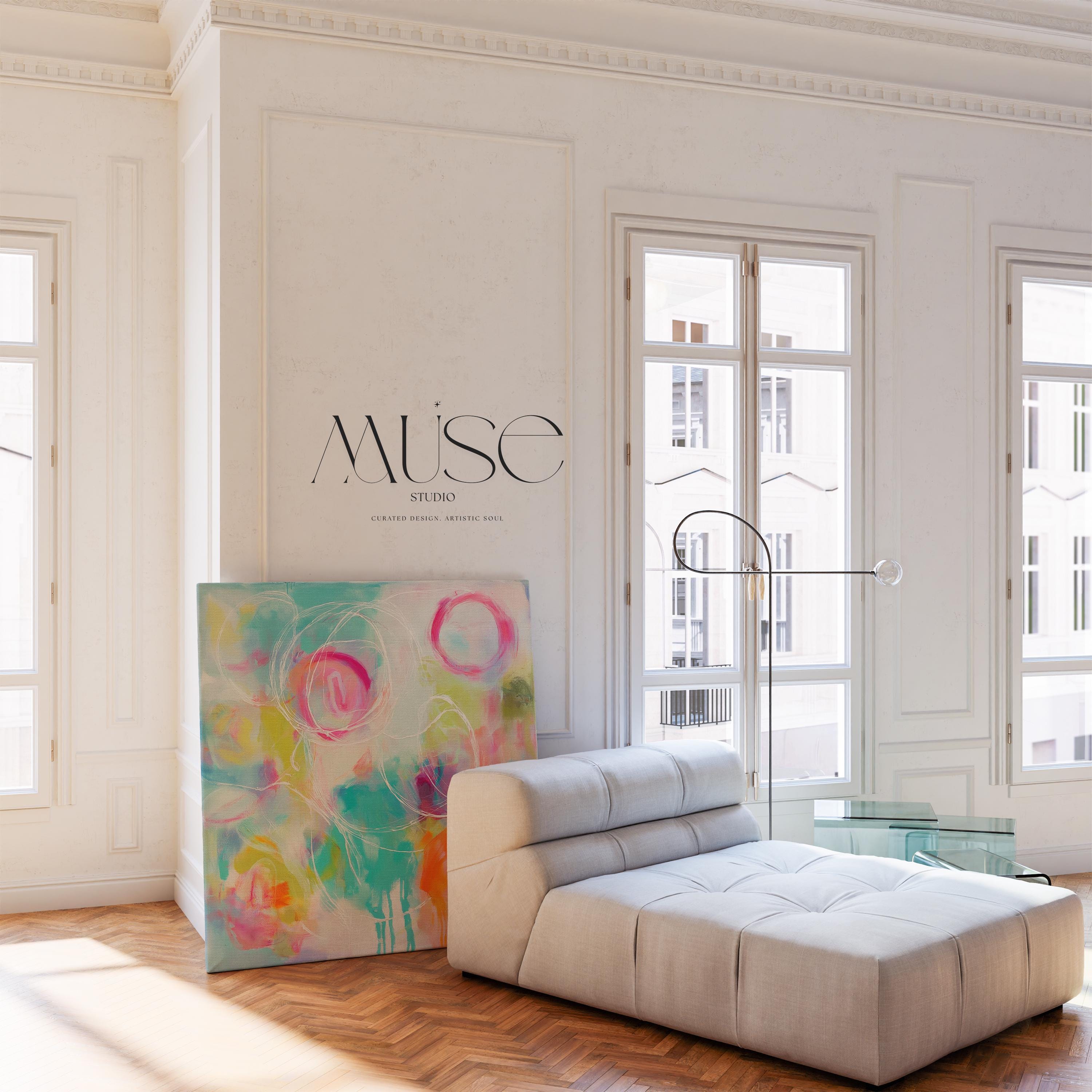 Colorful abstract canvas artwork with expressive pink, teal, and citrus brushstrokes, accented by white hand-drawn circular lines. The composition features bold drip techniques and a painterly blend of soft and vivid hues, creating a vibrant, uplifting mood ideal for designer living rooms, entryways, or creative spaces. Styled for high-end modern decor with a playful twist.