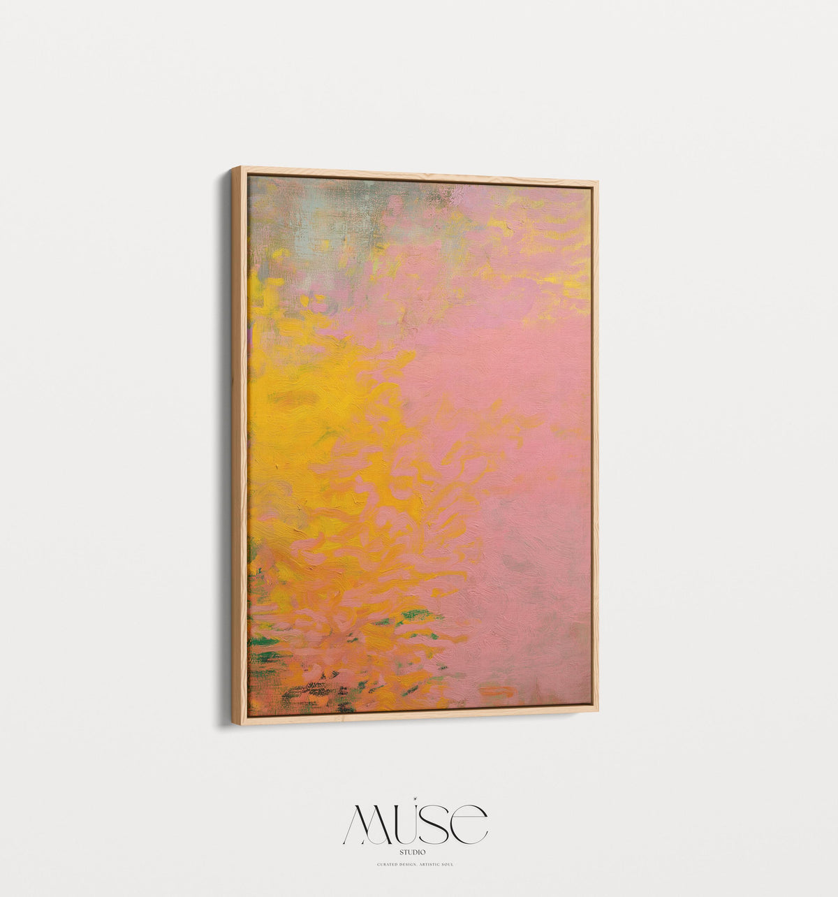 Vertical framed canvas wall art featuring a bold abstract blend of pink, orange, and yellow tones. The textured gradient evokes sunset warmth and modern earthiness, styled here in a neutral living room with wood furniture, clean lines, and soft minimal accents. Ideal for entryways, minimalist interiors, or natural modern decor spaces seeking a colorful yet refined focal piece.
