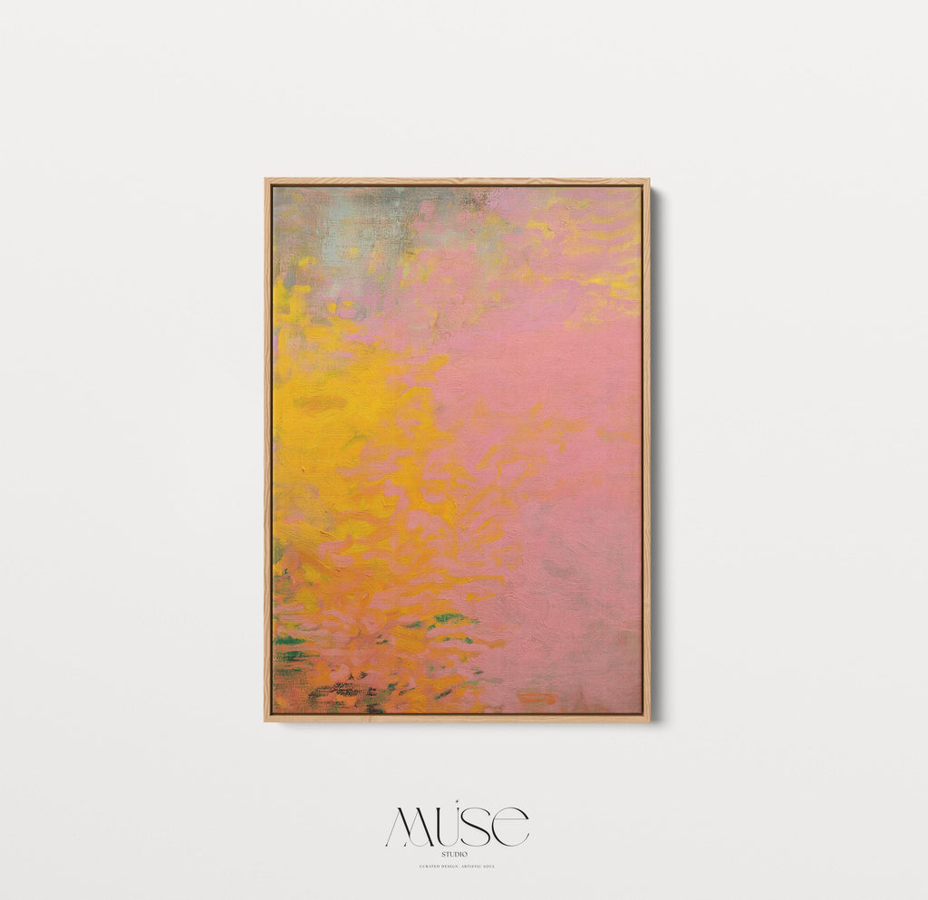 Vertical framed canvas wall art featuring a bold abstract blend of pink, orange, and yellow tones. The textured gradient evokes sunset warmth and modern earthiness, styled here in a neutral living room with wood furniture, clean lines, and soft minimal accents. Ideal for entryways, minimalist interiors, or natural modern decor spaces seeking a colorful yet refined focal piece.