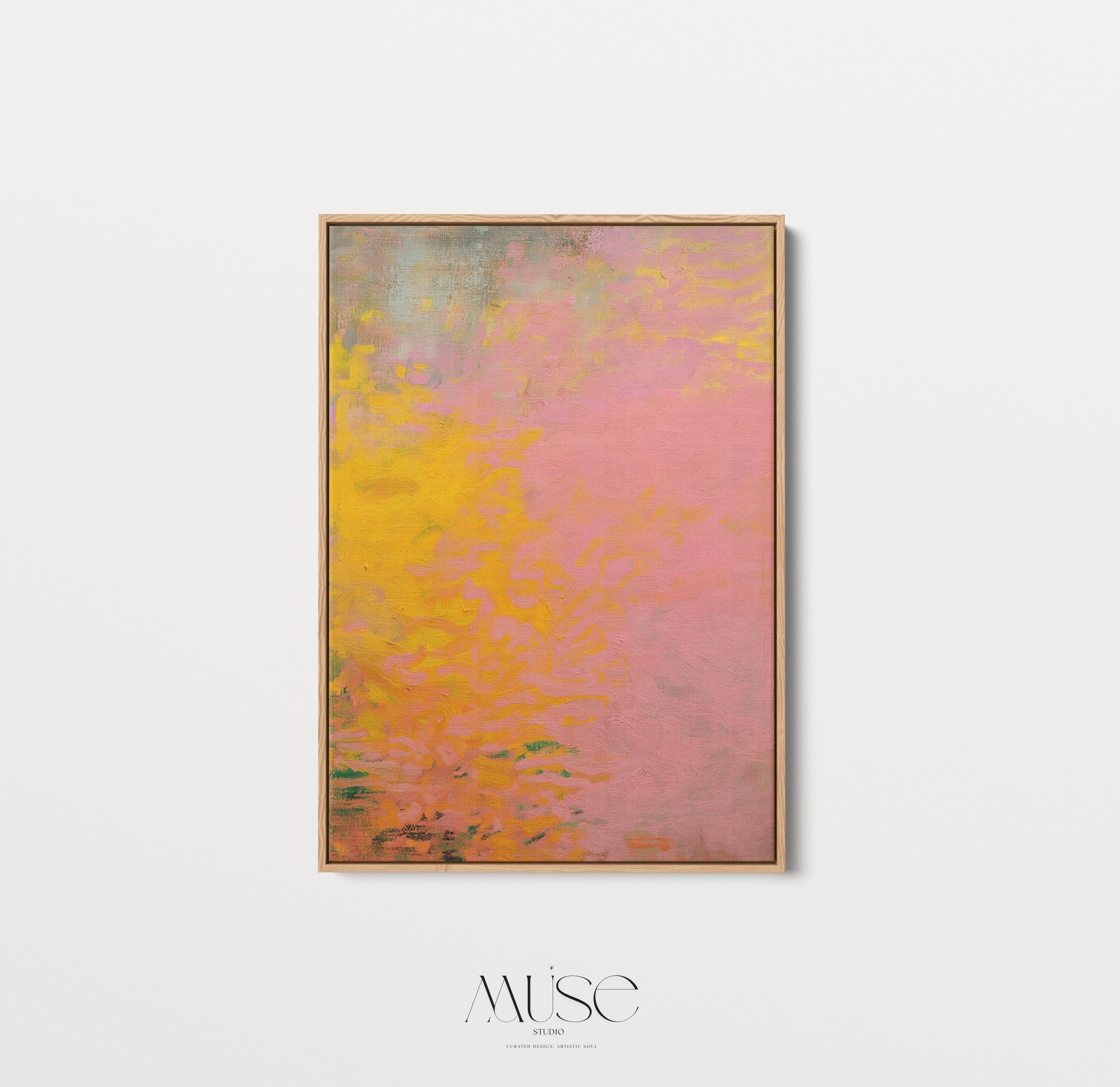 Vertical framed canvas wall art featuring a bold abstract blend of pink, orange, and yellow tones. The textured gradient evokes sunset warmth and modern earthiness, styled here in a neutral living room with wood furniture, clean lines, and soft minimal accents. Ideal for entryways, minimalist interiors, or natural modern decor spaces seeking a colorful yet refined focal piece.
