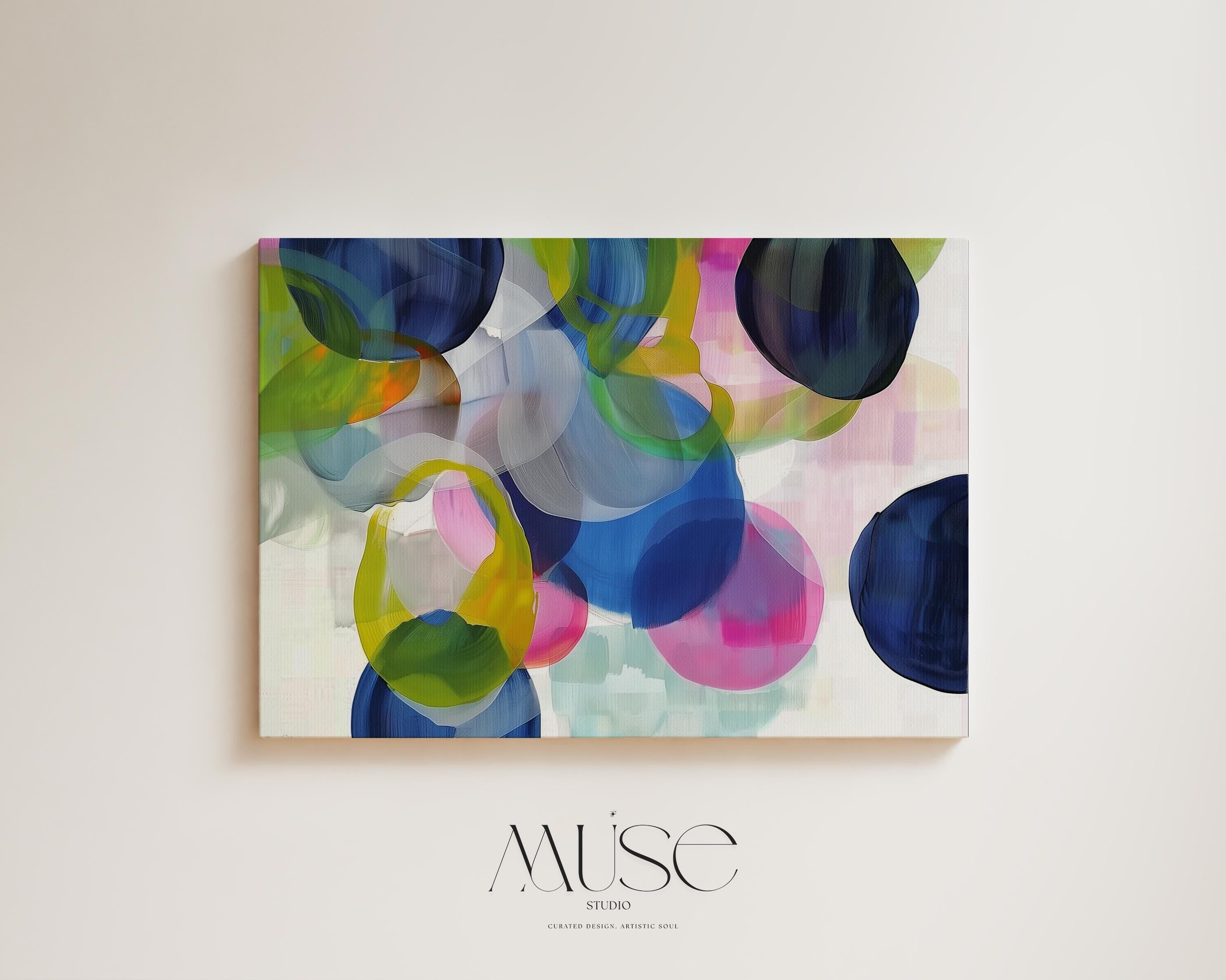 Colorful Abstract Wall Art in Navy Blue Green Pink and Lemon Modern Horizontal Canvas Painting for Living Room or Bedroom Decor | 378