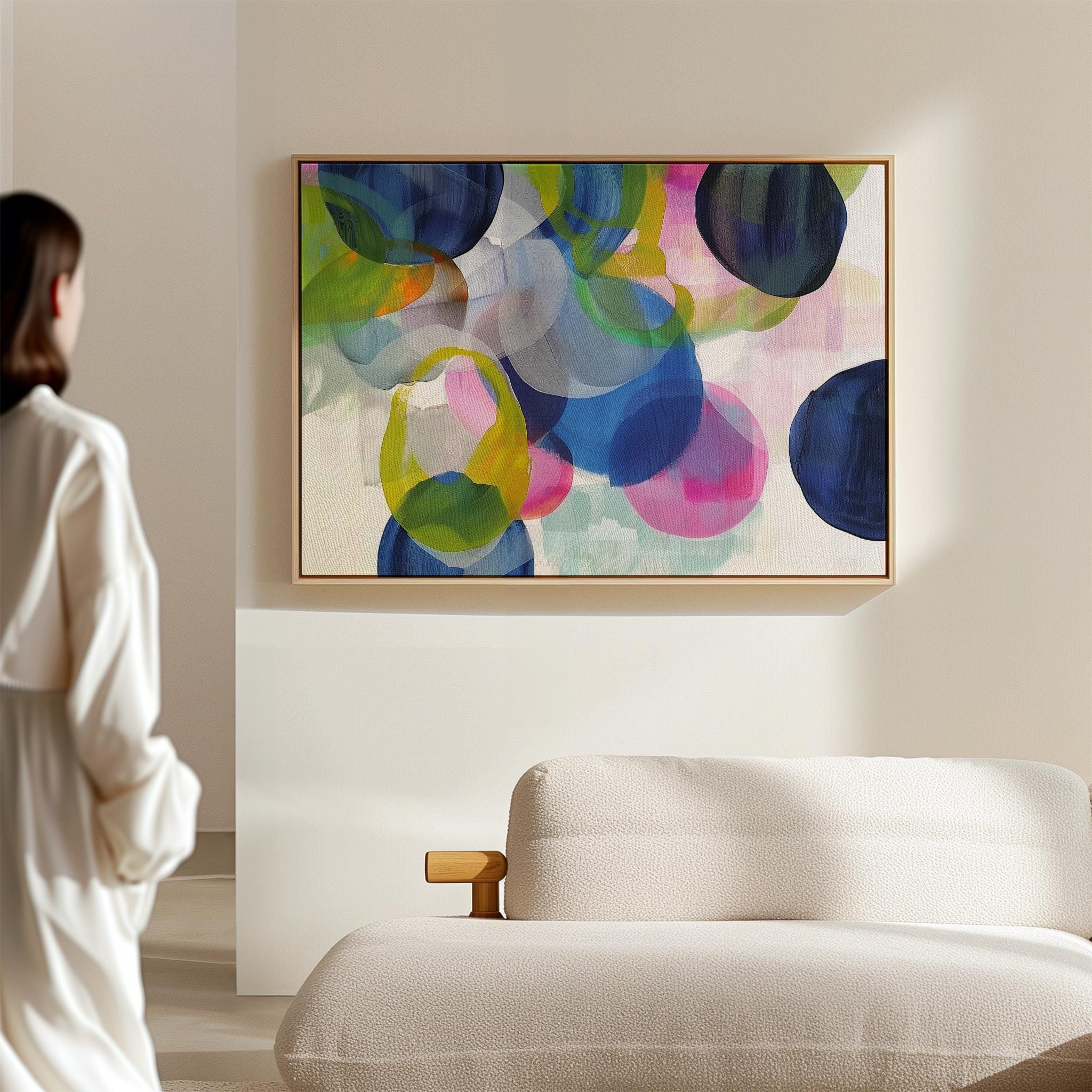 Colorful Abstract Wall Art in Navy Blue Green Pink and Lemon Modern Horizontal Canvas Painting for Living Room or Bedroom Decor |  378 Framed Canvas Art Colorful abstract wall art on framed canvas, perfect for bold decor art and modern wall decor. Large statement piece with expressive brushstrokes and rich textures. Ready-to-hang giclée canvas designed to energize living rooms, offices, and curated interiors. Muse Studio Decor Art.