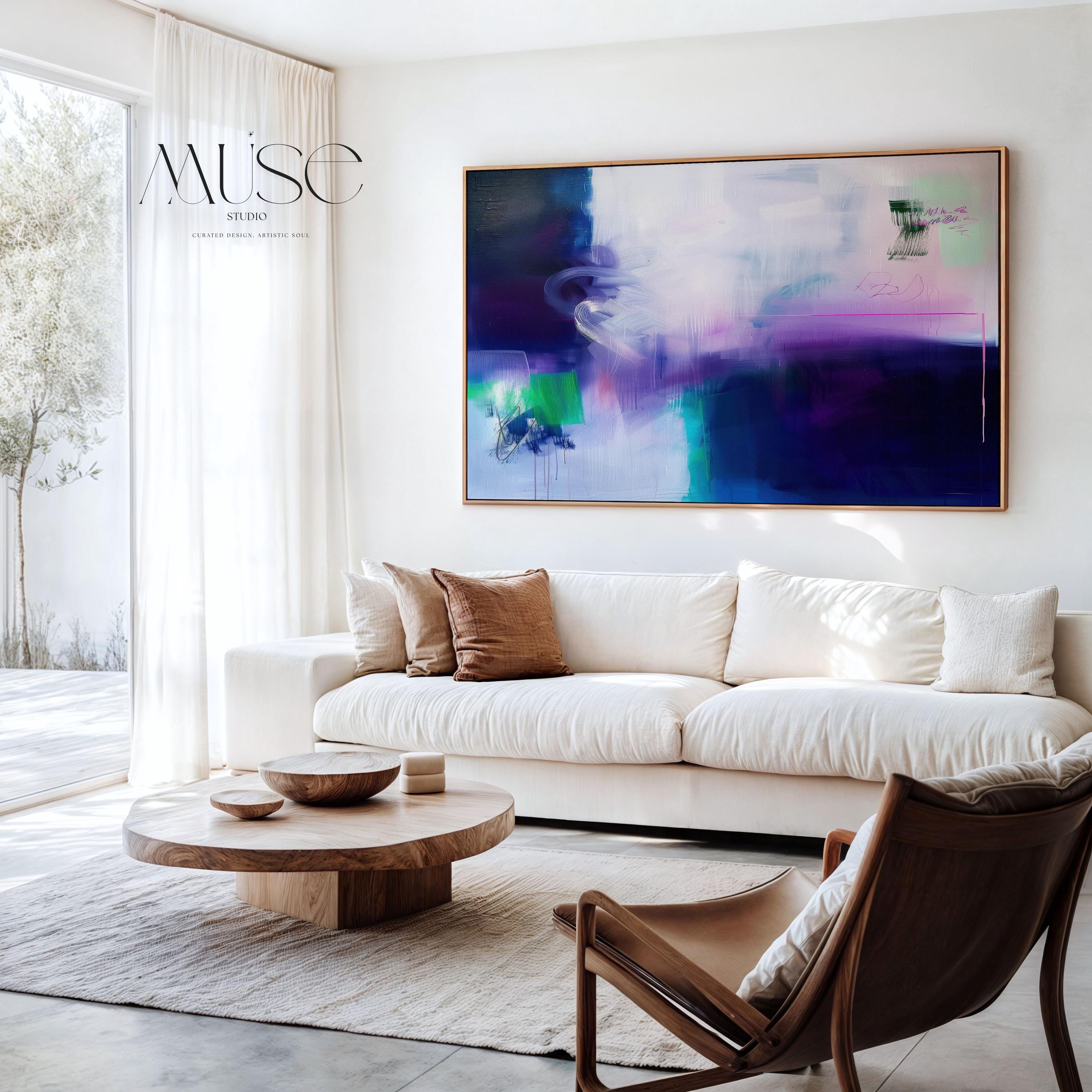 Soft Abstract Wall Art in Navy Blue Lavender and Mint Green Modern Horizontal Canvas Painting for Living Room or Bedroom Decor | 325
