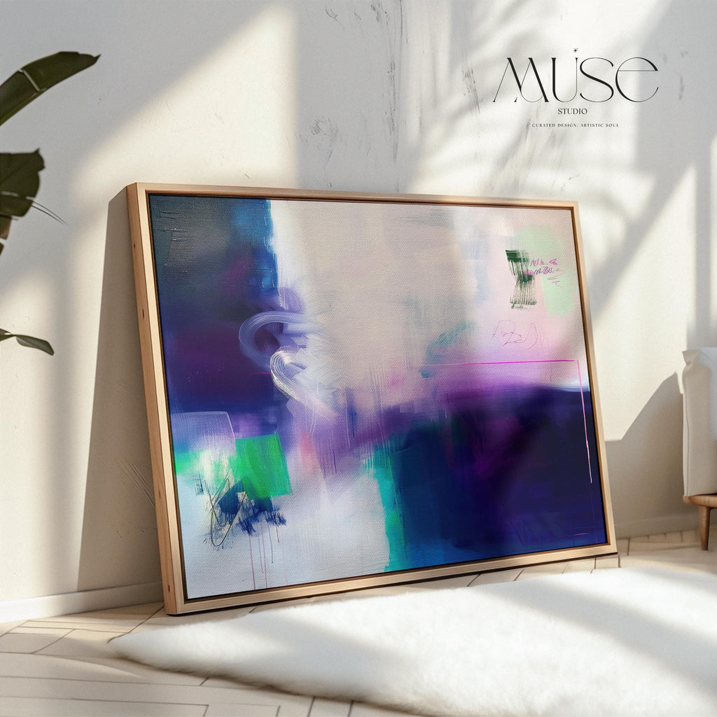 Soft Abstract Wall Art in Navy Blue Lavender and Mint Green Modern Horizontal Canvas Painting for Living Room or Bedroom Decor | 325
