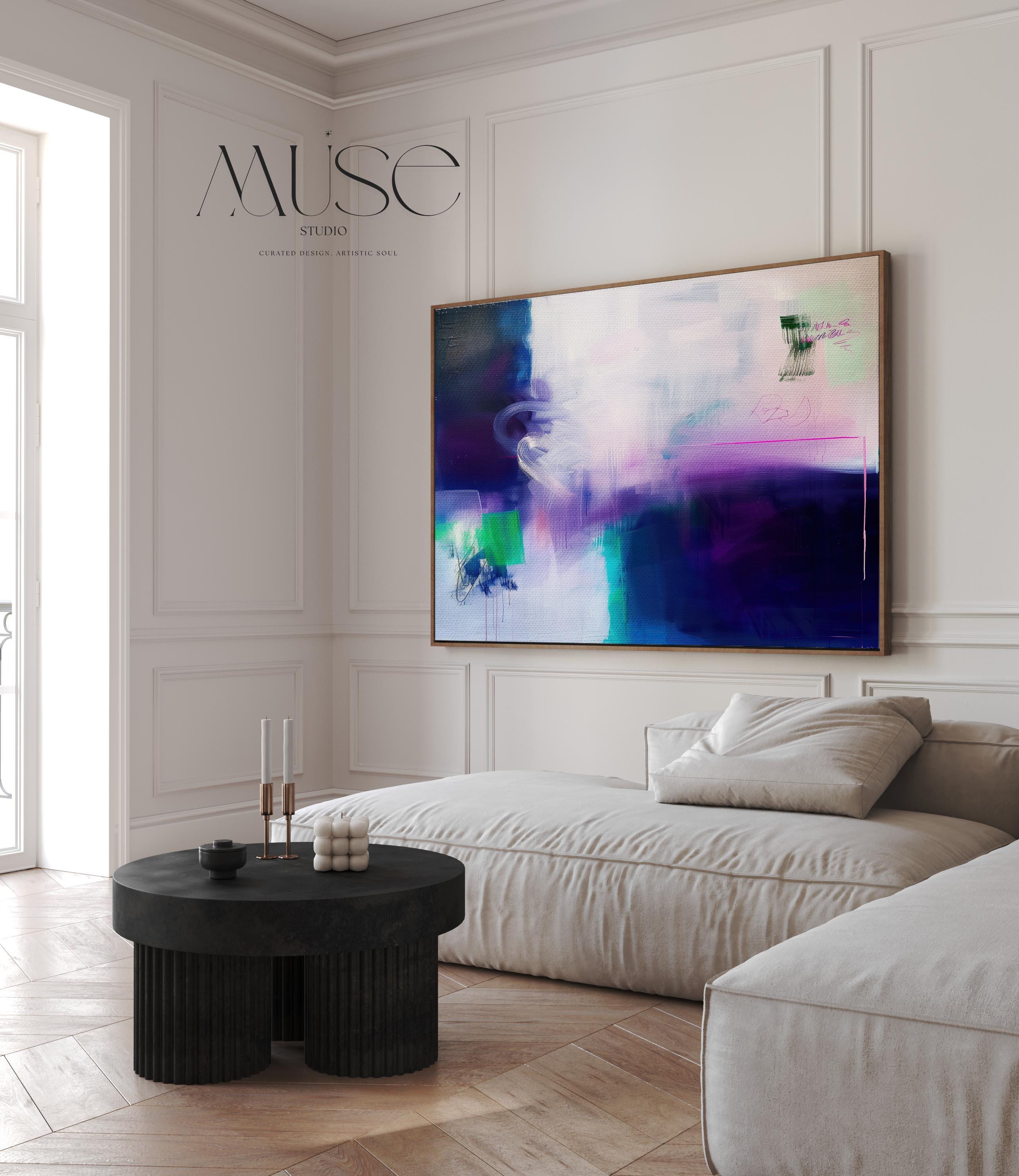 Soft Abstract Wall Art in Navy Blue Lavender and Mint Green Modern Horizontal Canvas Painting for Living Room or Bedroom Decor | 325