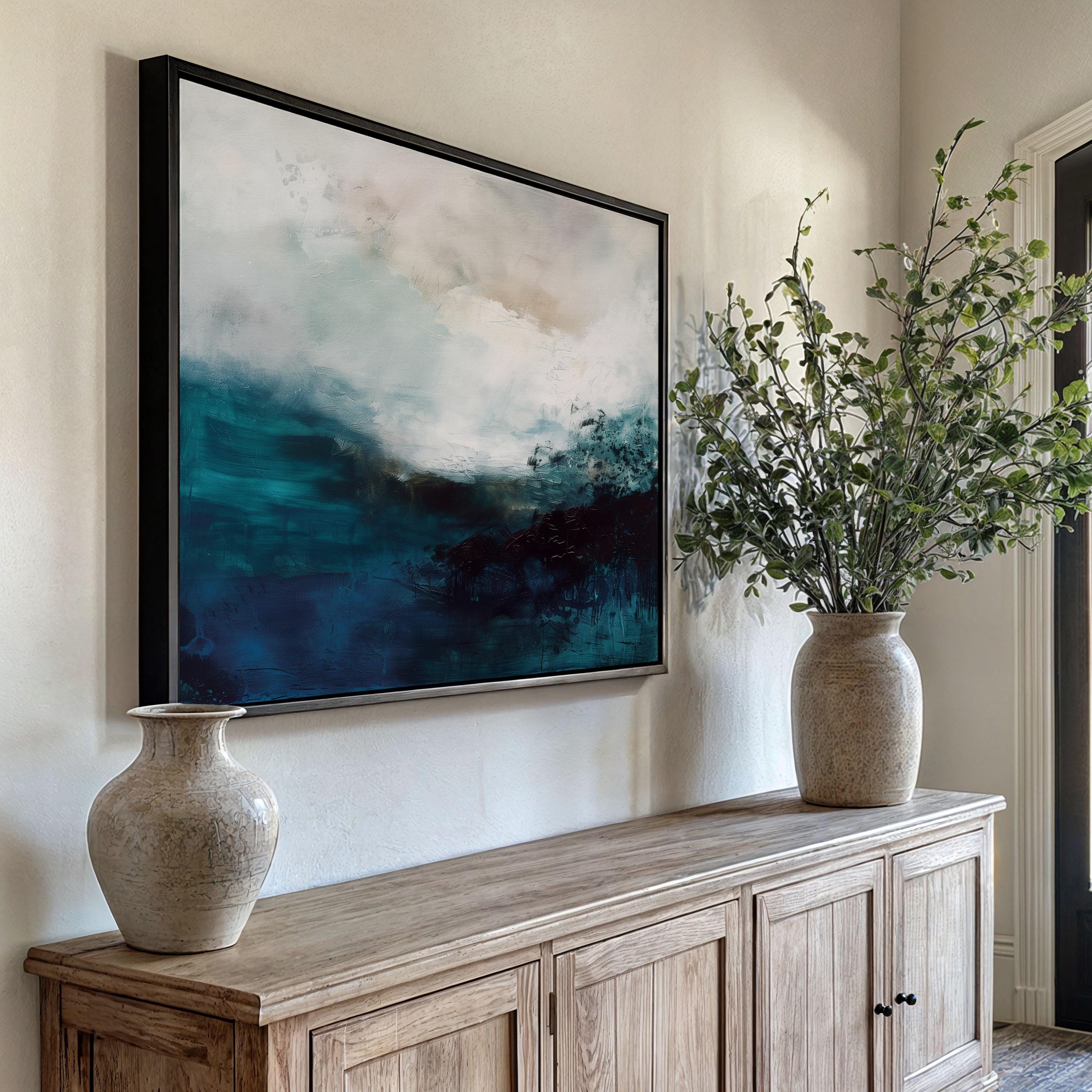 Coastal Abstract Wall Art in Deep Blue Teal and Sandy Beige Modern Horizontal Canvas Painting for Living Room or Bedroom Decor | 330