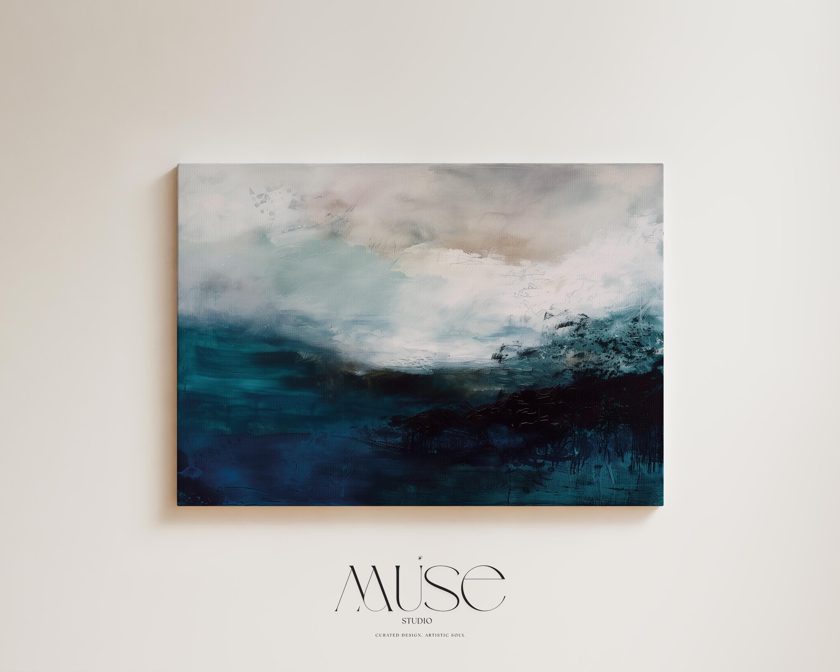 Coastal Abstract Wall Art in Deep Blue Teal and Sandy Beige Modern Horizontal Canvas Painting for Living Room or Bedroom Decor | 330