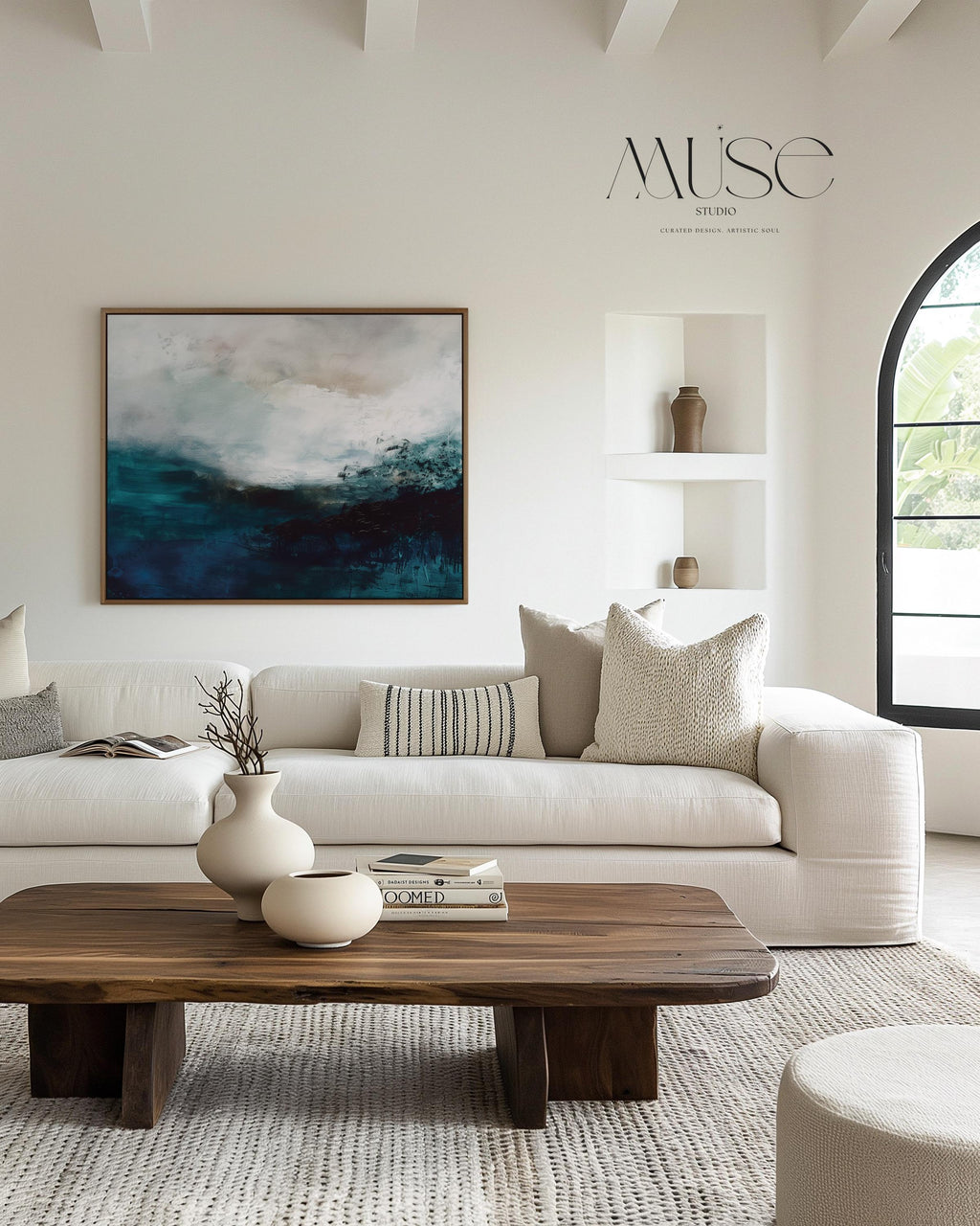 Coastal Abstract Wall Art in Deep Blue Teal and Sandy Beige Modern Horizontal Canvas Painting for Living Room or Bedroom Decor | 330