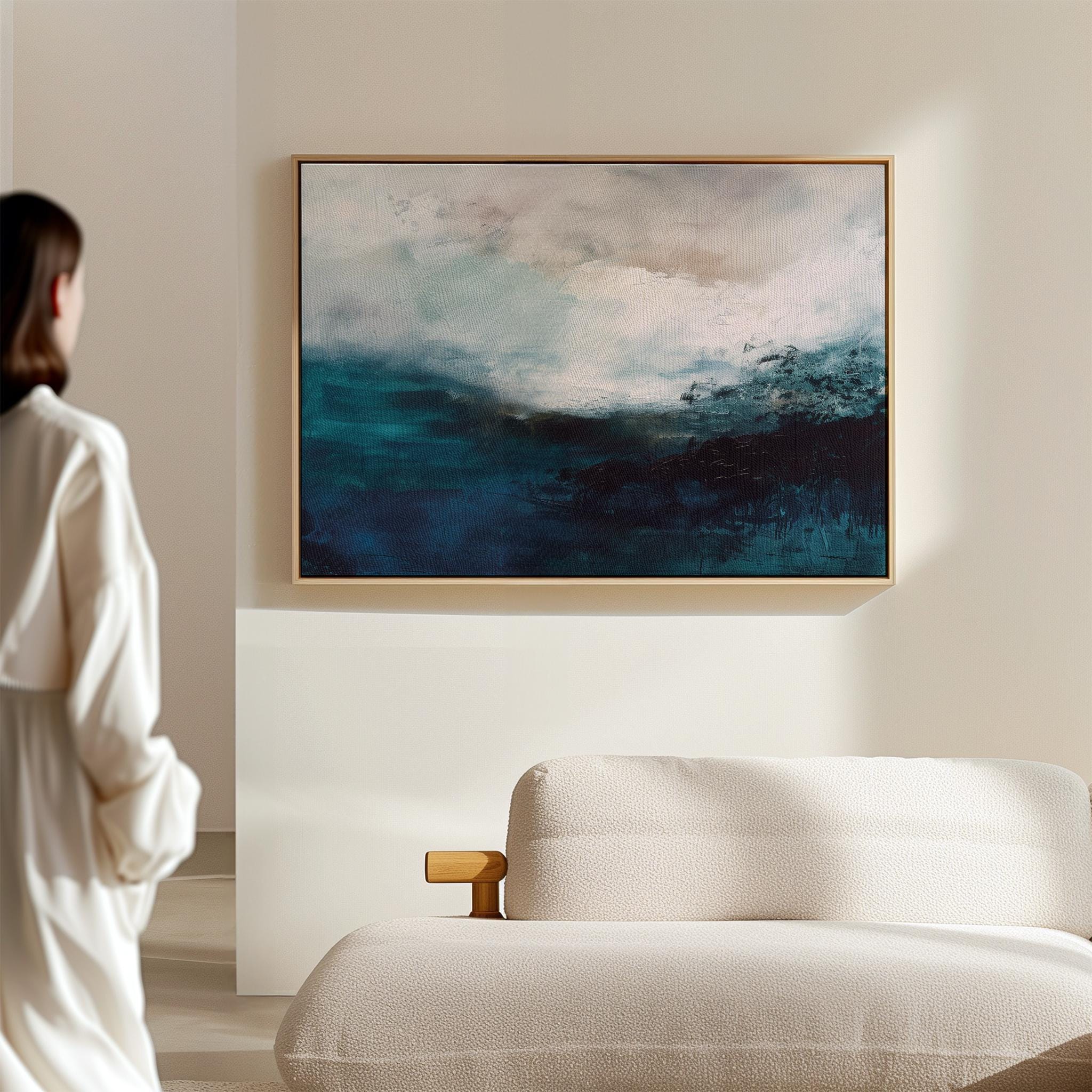 Coastal Abstract Wall Art in Deep Blue Teal and Sandy Beige Modern Horizontal Canvas Painting for Living Room or Bedroom Decor | 330