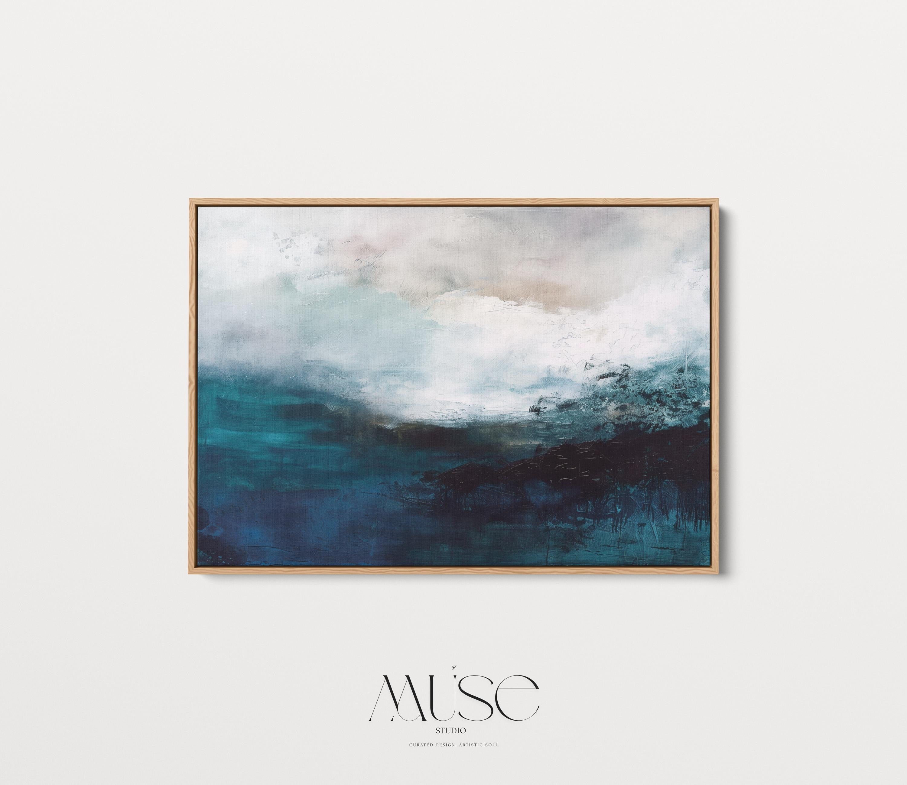 Coastal Abstract Wall Art in Deep Blue Teal and Sandy Beige Modern Horizontal Canvas Painting for Living Room or Bedroom Decor | 330