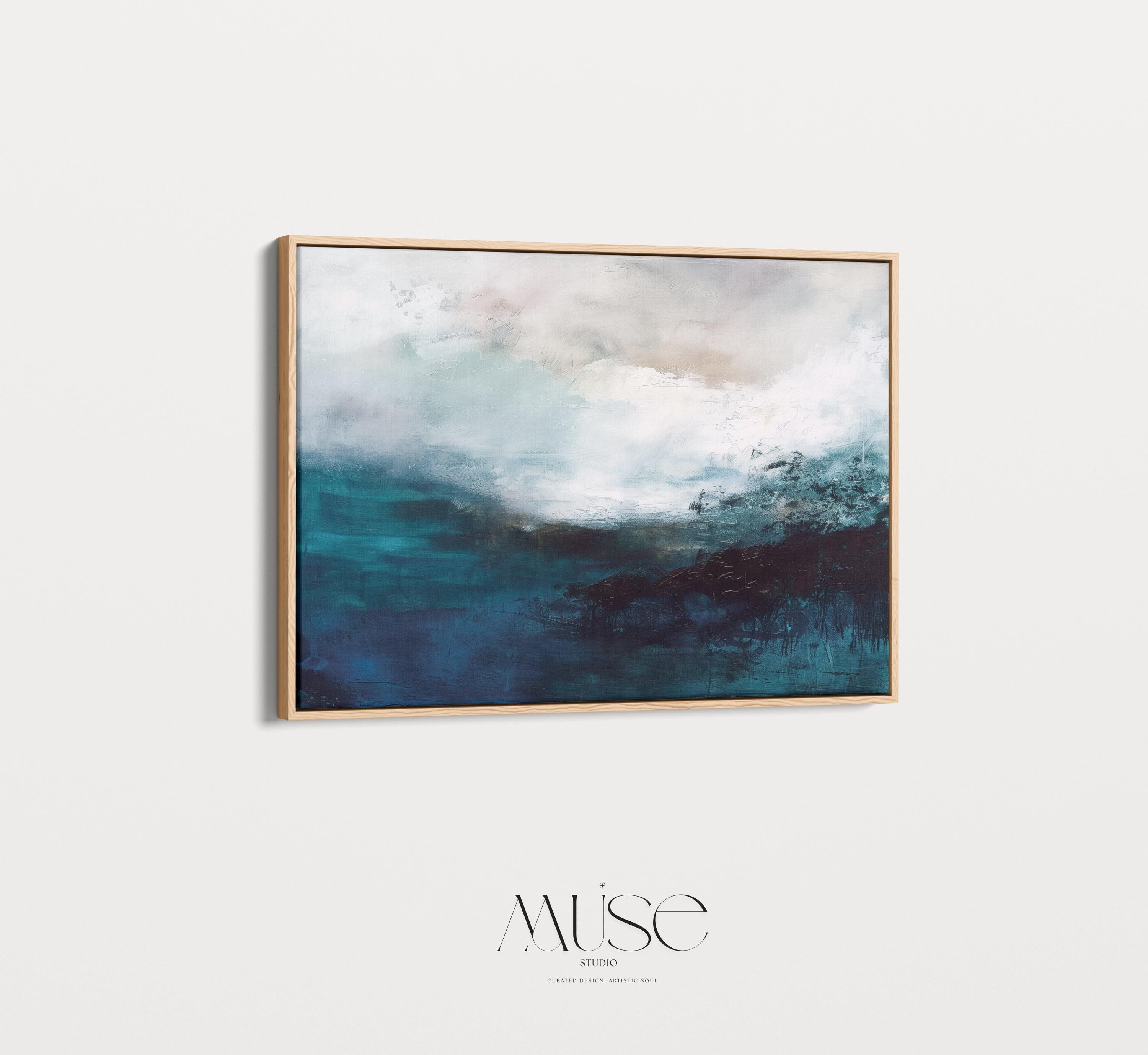 Coastal Abstract Wall Art in Deep Blue Teal and Sandy Beige Modern Horizontal Canvas Painting for Living Room or Bedroom Decor | 330