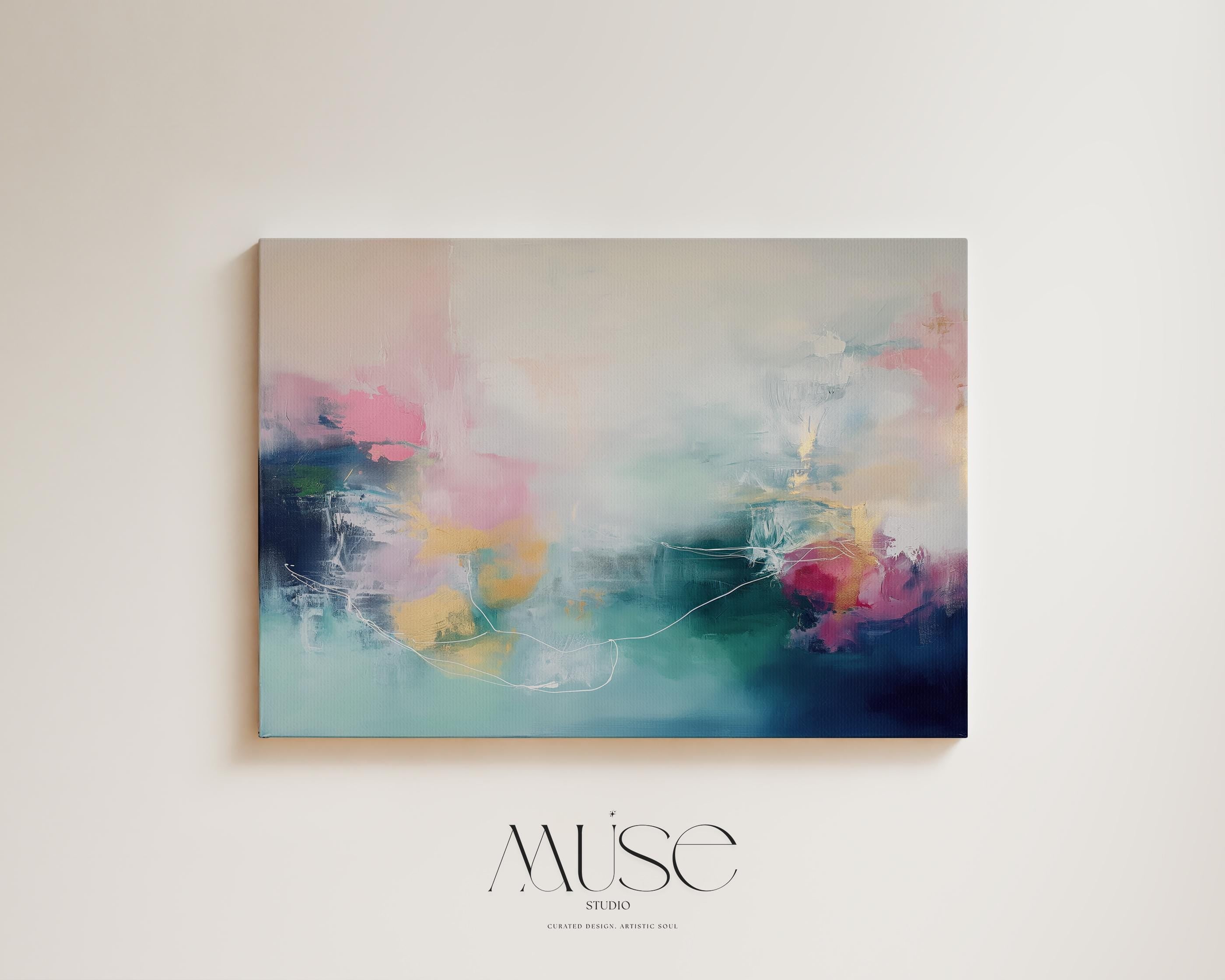 Soft Abstract Wall Art in Blush Pink Teal and Navy Modern Horizontal Canvas Painting for Living Room Bedroom or Office Decor | 202