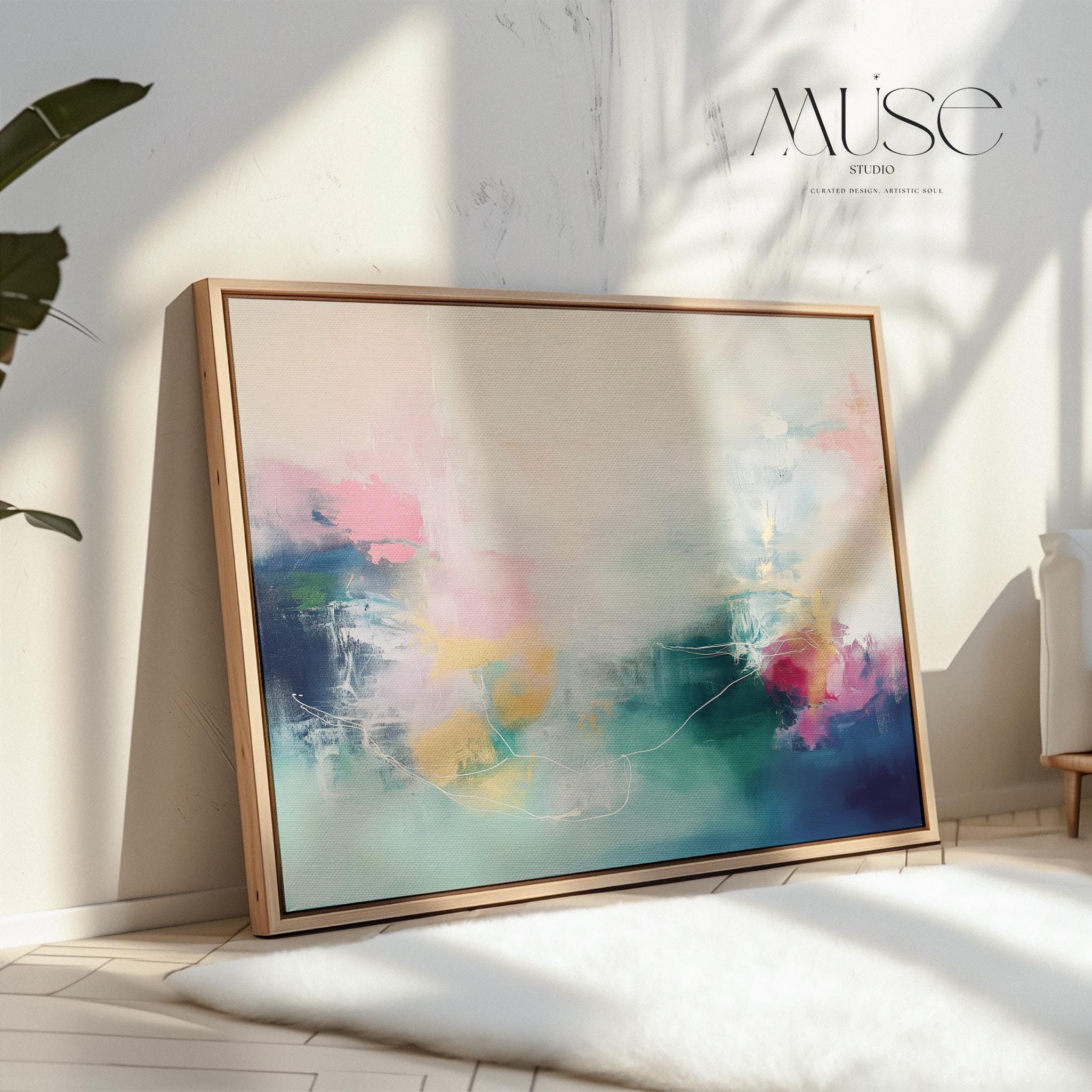 Soft Abstract Wall Art in Blush Pink Teal and Navy Modern Horizontal Canvas Painting for Living Room Bedroom or Office Decor | 202 Framed Canvas Art Colorful abstract wall art on framed canvas, perfect for bold decor art and modern wall decor. Large statement piece with expressive brushstrokes and rich textures. Ready-to-hang giclée canvas designed to energize living rooms, offices, and curated interiors. Muse Studio Decor Art.