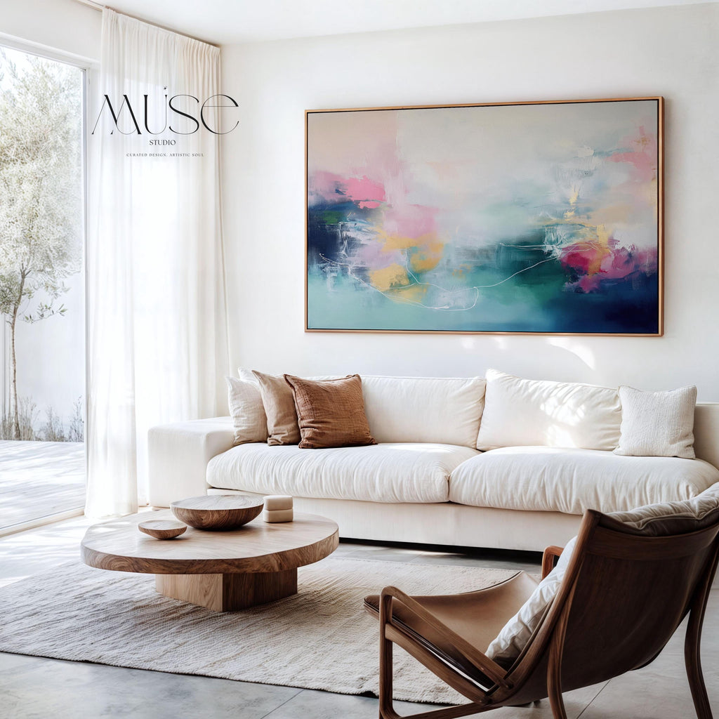 Soft Abstract Wall Art in Blush Pink Teal and Navy Modern Horizontal Canvas Painting for Living Room Bedroom or Office Decor | 202 Framed Canvas Art Colorful abstract wall art on framed canvas, perfect for bold decor art and modern wall decor. Large statement piece with expressive brushstrokes and rich textures. Ready-to-hang giclée canvas designed to energize living rooms, offices, and curated interiors. Muse Studio Decor Art.