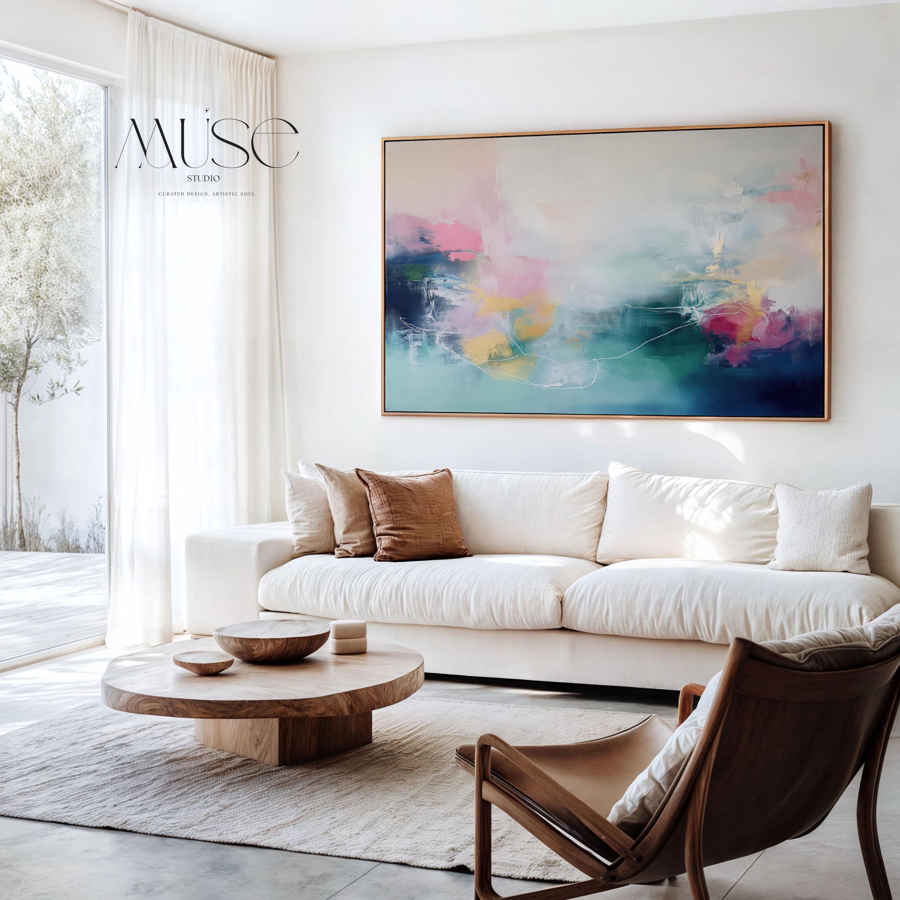Soft Abstract Wall Art in Blush Pink Teal and Navy Modern Horizontal Canvas Painting for Living Room Bedroom or Office Decor | 202 Framed Canvas Art Colorful abstract wall art on framed canvas, perfect for bold decor art and modern wall decor. Large statement piece with expressive brushstrokes and rich textures. Ready-to-hang giclée canvas designed to energize living rooms, offices, and curated interiors. Muse Studio Decor Art.