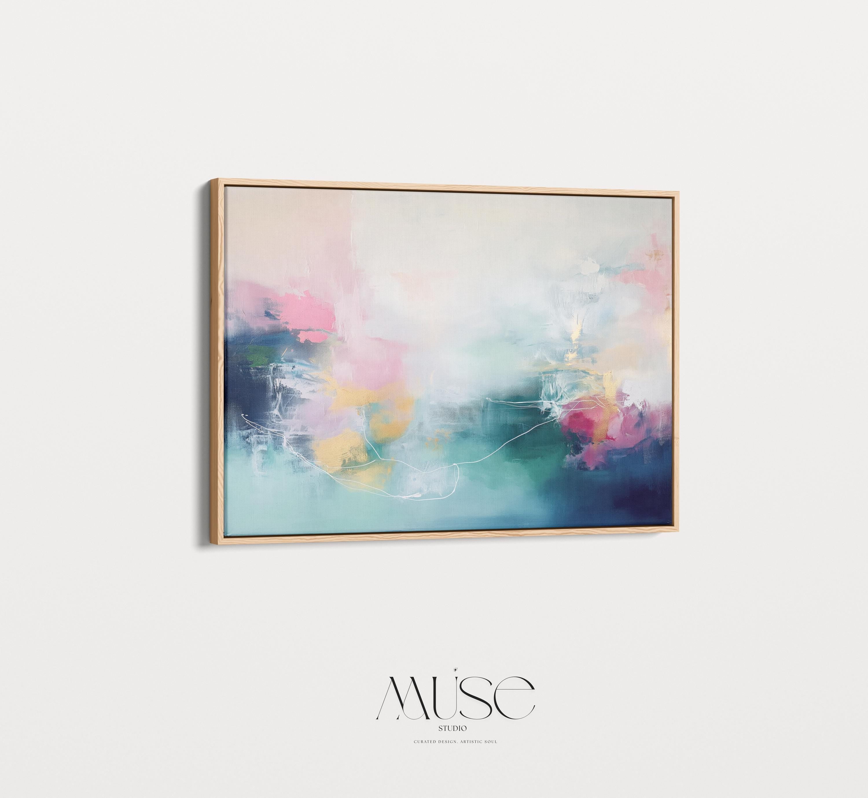 Soft Abstract Wall Art in Blush Pink Teal and Navy Modern Horizontal Canvas Painting for Living Room Bedroom or Office Decor | 202 Framed Canvas Art Colorful abstract wall art on framed canvas, perfect for bold decor art and modern wall decor. Large statement piece with expressive brushstrokes and rich textures. Ready-to-hang giclée canvas designed to energize living rooms, offices, and curated interiors. Muse Studio Decor Art.