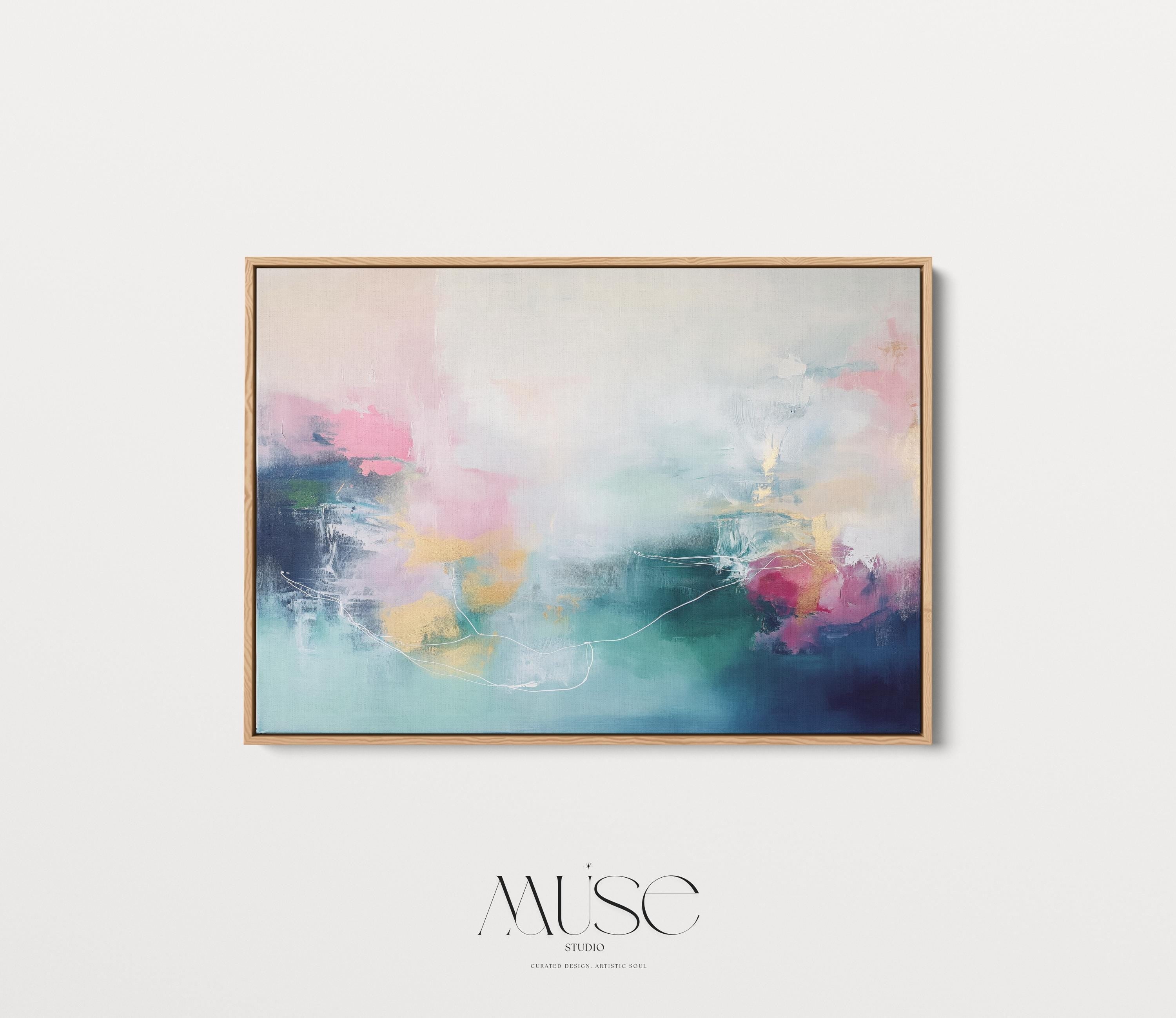 Soft Abstract Wall Art in Blush Pink Teal and Navy Modern Horizontal Canvas Painting for Living Room Bedroom or Office Decor | 202 Framed Canvas Art Colorful abstract wall art on framed canvas, perfect for bold decor art and modern wall decor. Large statement piece with expressive brushstrokes and rich textures. Ready-to-hang giclée canvas designed to energize living rooms, offices, and curated interiors. Muse Studio Decor Art.