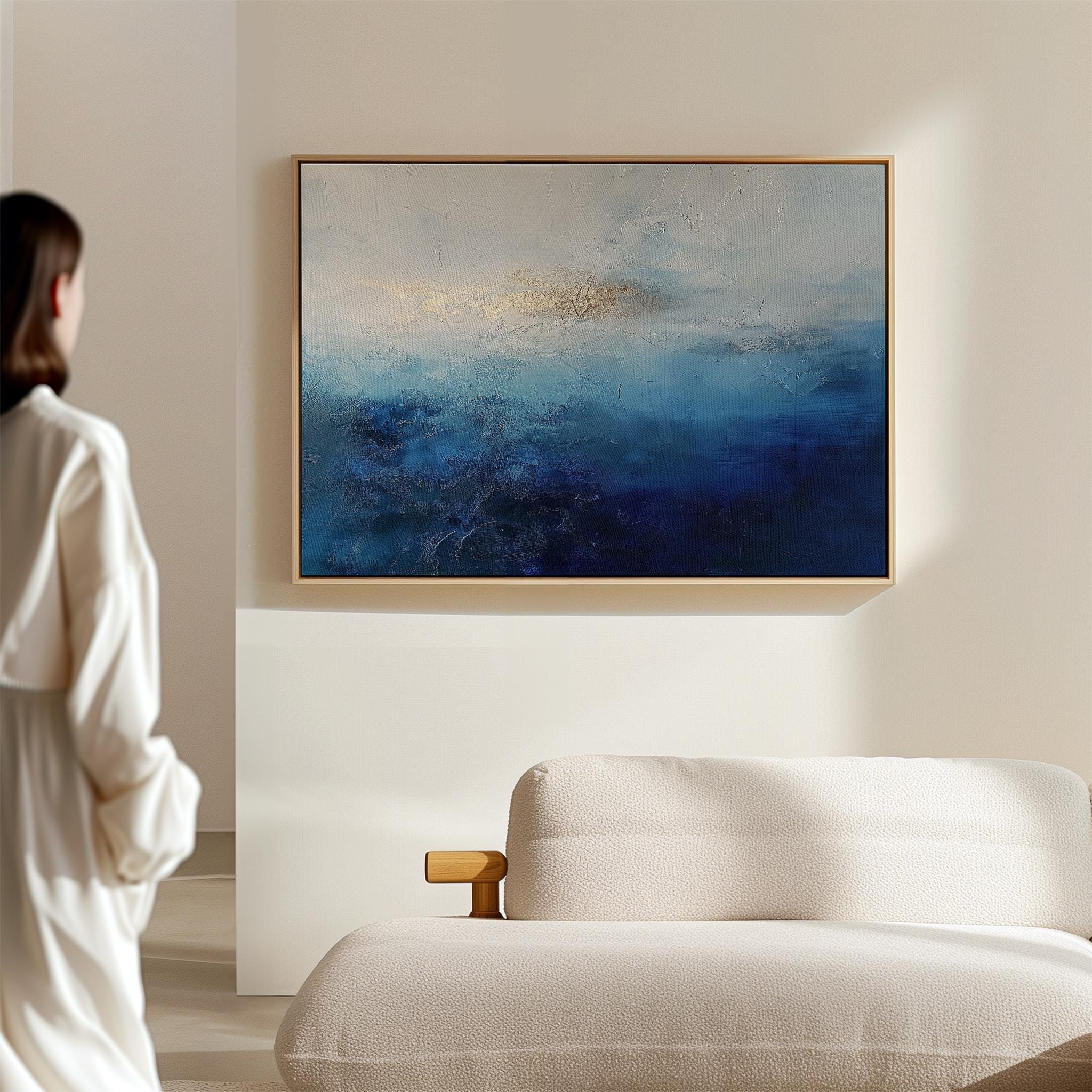 Coastal Abstract Wall Art in Navy Blue Indigo and Soft Sky Modern Large Canvas Painting for Living Room Bedroom or Office Decor | 346