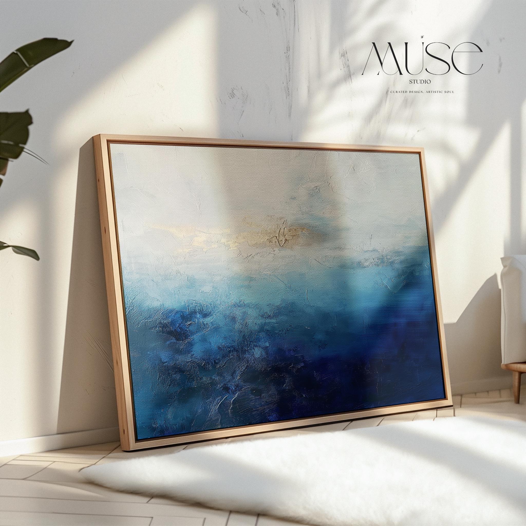 Coastal Abstract Wall Art in Navy Blue Indigo and Soft Sky Modern Large Canvas Painting for Living Room Bedroom or Office Decor | 346
