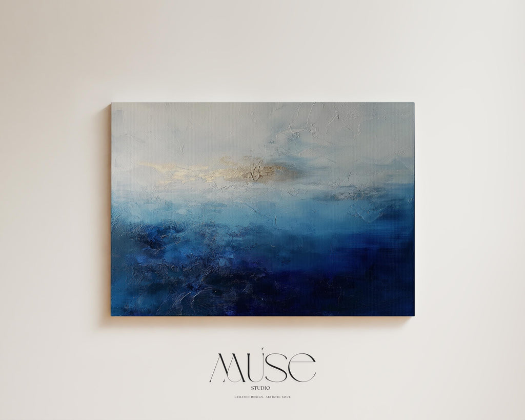 Coastal Abstract Wall Art in Navy Blue Indigo and Soft Sky Modern Large Canvas Painting for Living Room Bedroom or Office Decor | 346