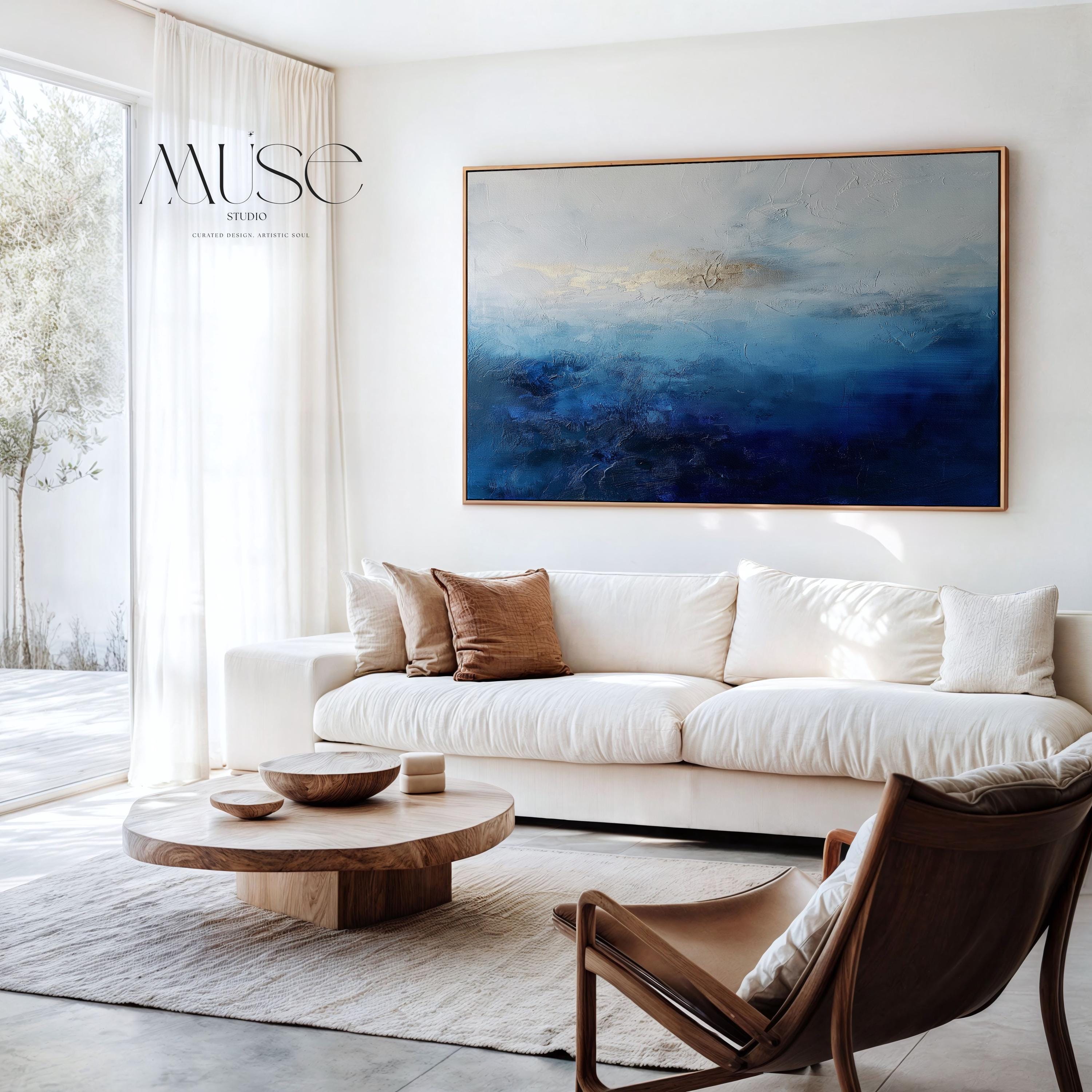 Coastal Abstract Wall Art in Navy Blue Indigo and Soft Sky Modern Large Canvas Painting for Living Room Bedroom or Office Decor | 346