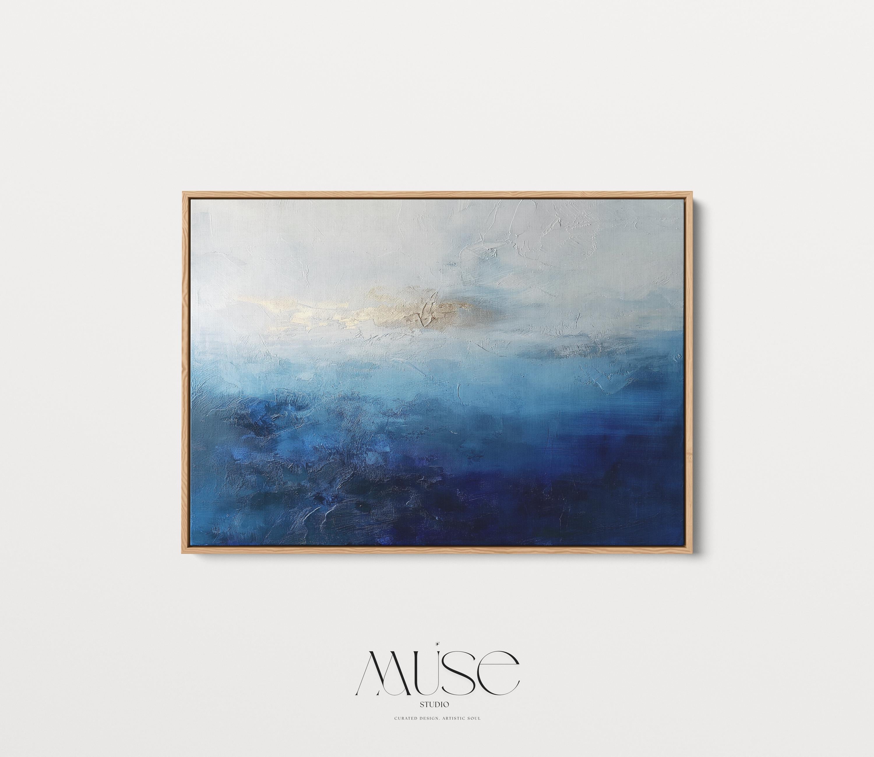 Coastal Abstract Wall Art in Navy Blue Indigo and Soft Sky Modern Large Canvas Painting for Living Room Bedroom or Office Decor | 346