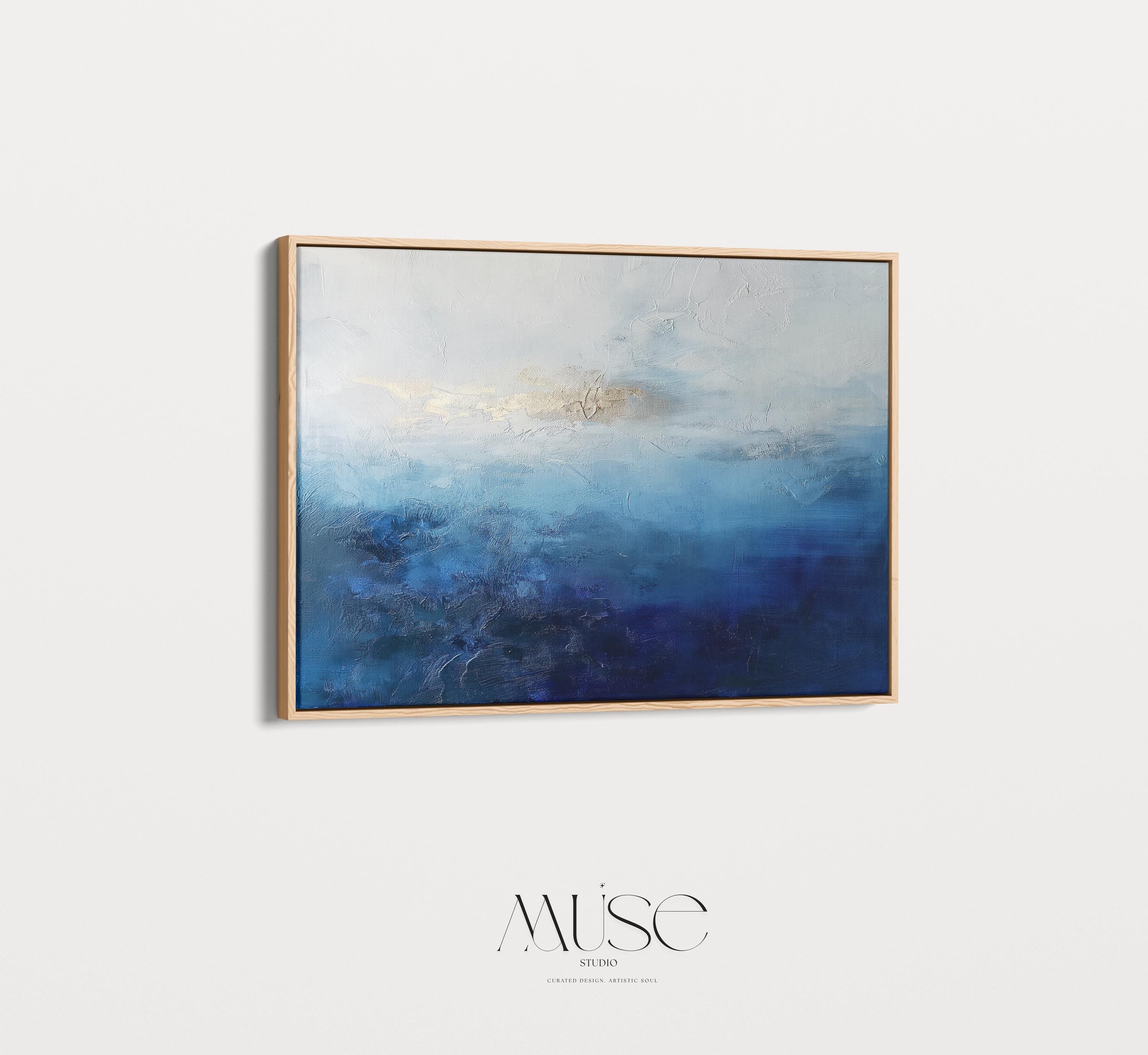 Coastal Abstract Wall Art in Navy Blue Indigo and Soft Sky Modern Large Canvas Painting for Living Room Bedroom or Office Decor | 346