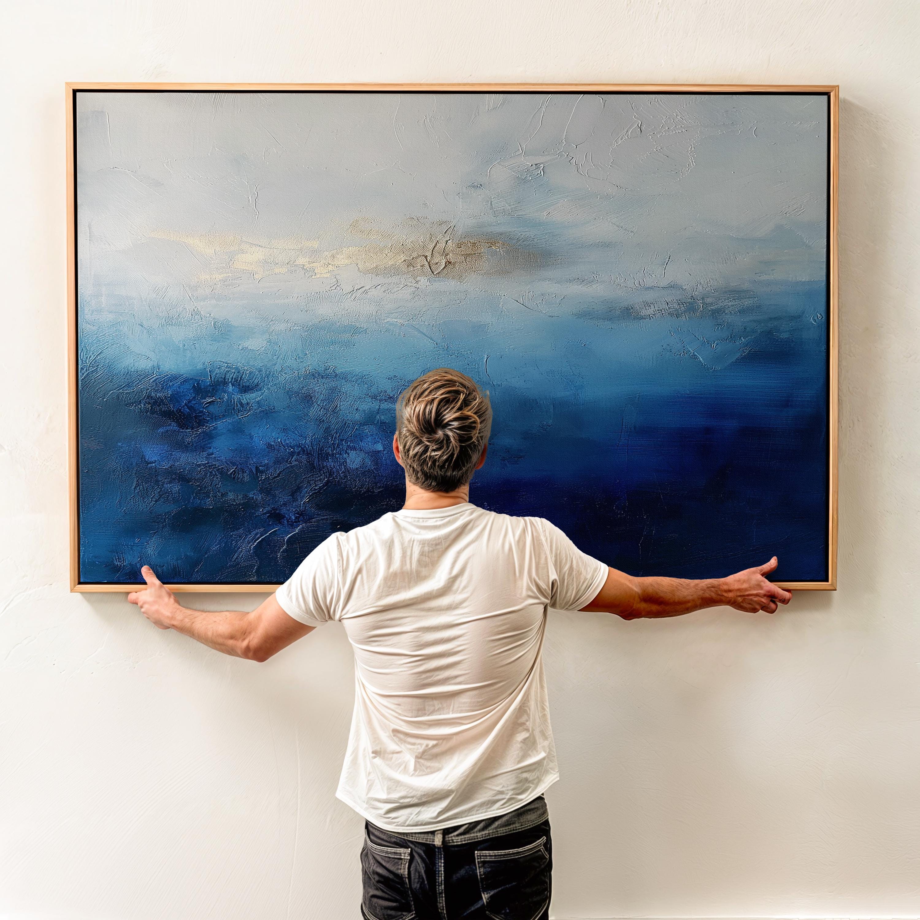 Coastal Abstract Wall Art in Navy Blue Indigo and Soft Sky Modern Large Canvas Painting for Living Room Bedroom or Office Decor | 346