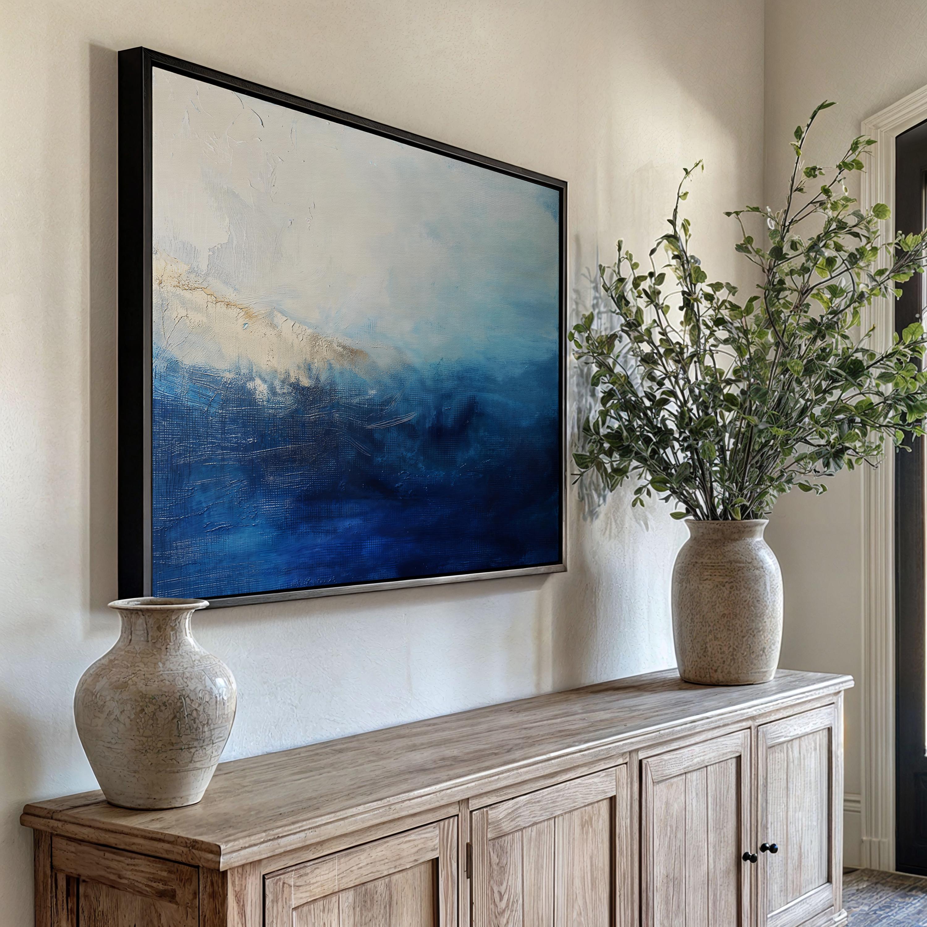 Coastal Abstract Wall Art in Navy Blue and Soft Sky Modern Large Canvas Painting for Living Room Bedroom or Office Decor | 347