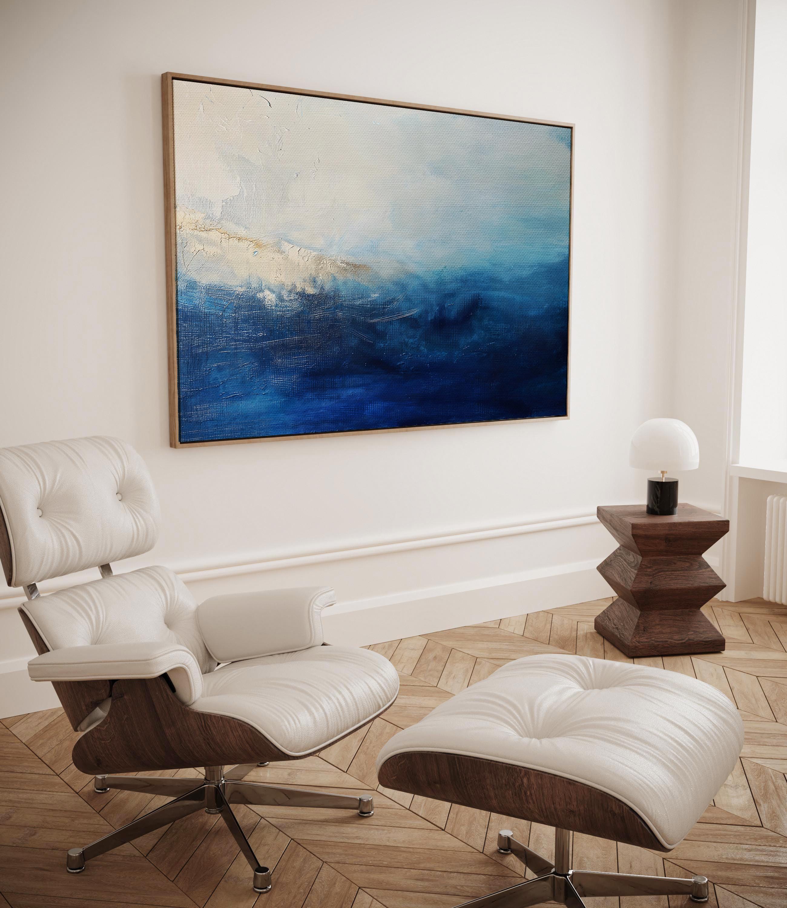 Coastal Abstract Wall Art in Navy Blue and Soft Sky Modern Large Canvas Painting for Living Room Bedroom or Office Decor | 347