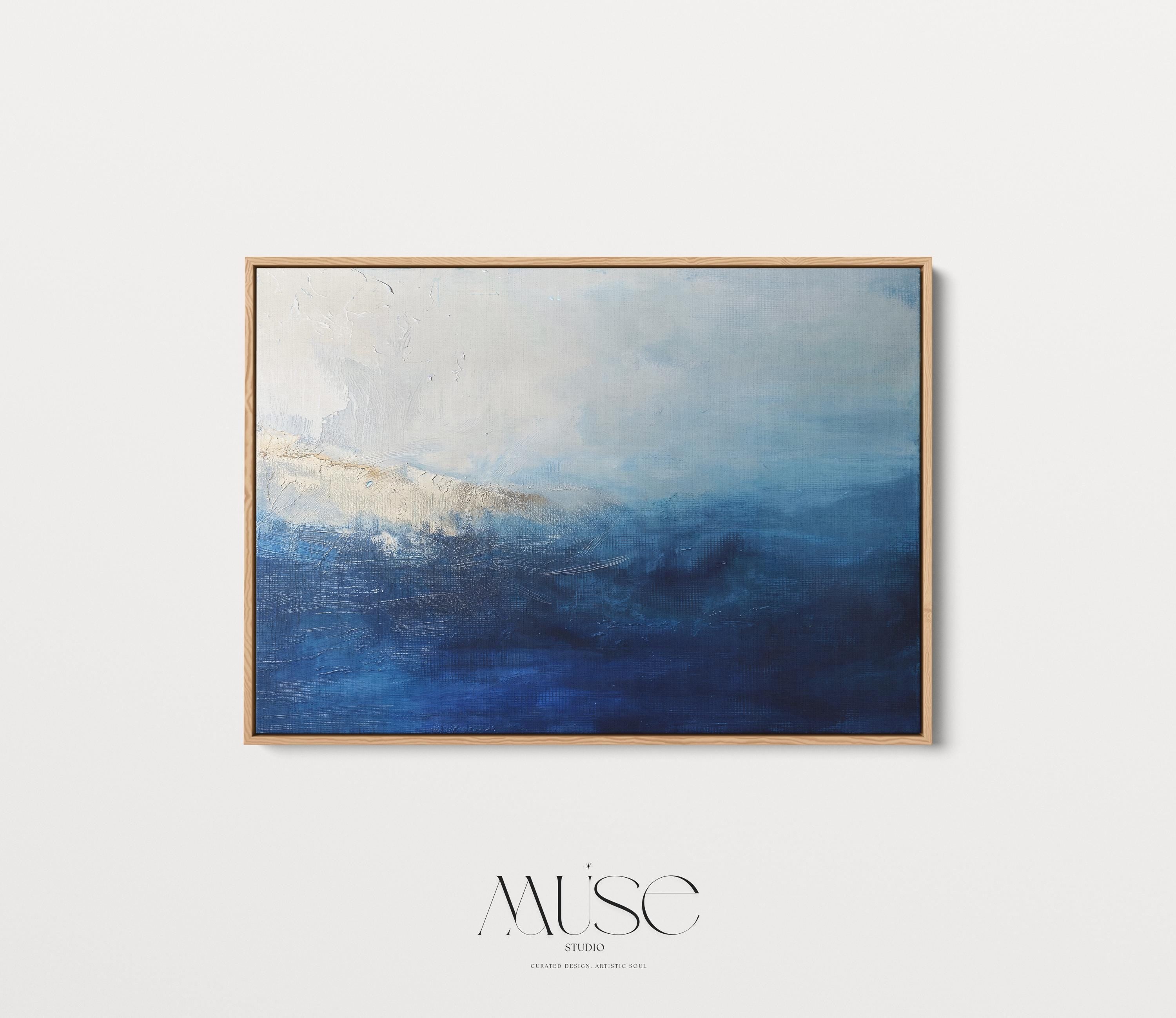 Coastal Abstract Wall Art in Navy Blue and Soft Sky Modern Large Canvas Painting for Living Room Bedroom or Office Decor | 347