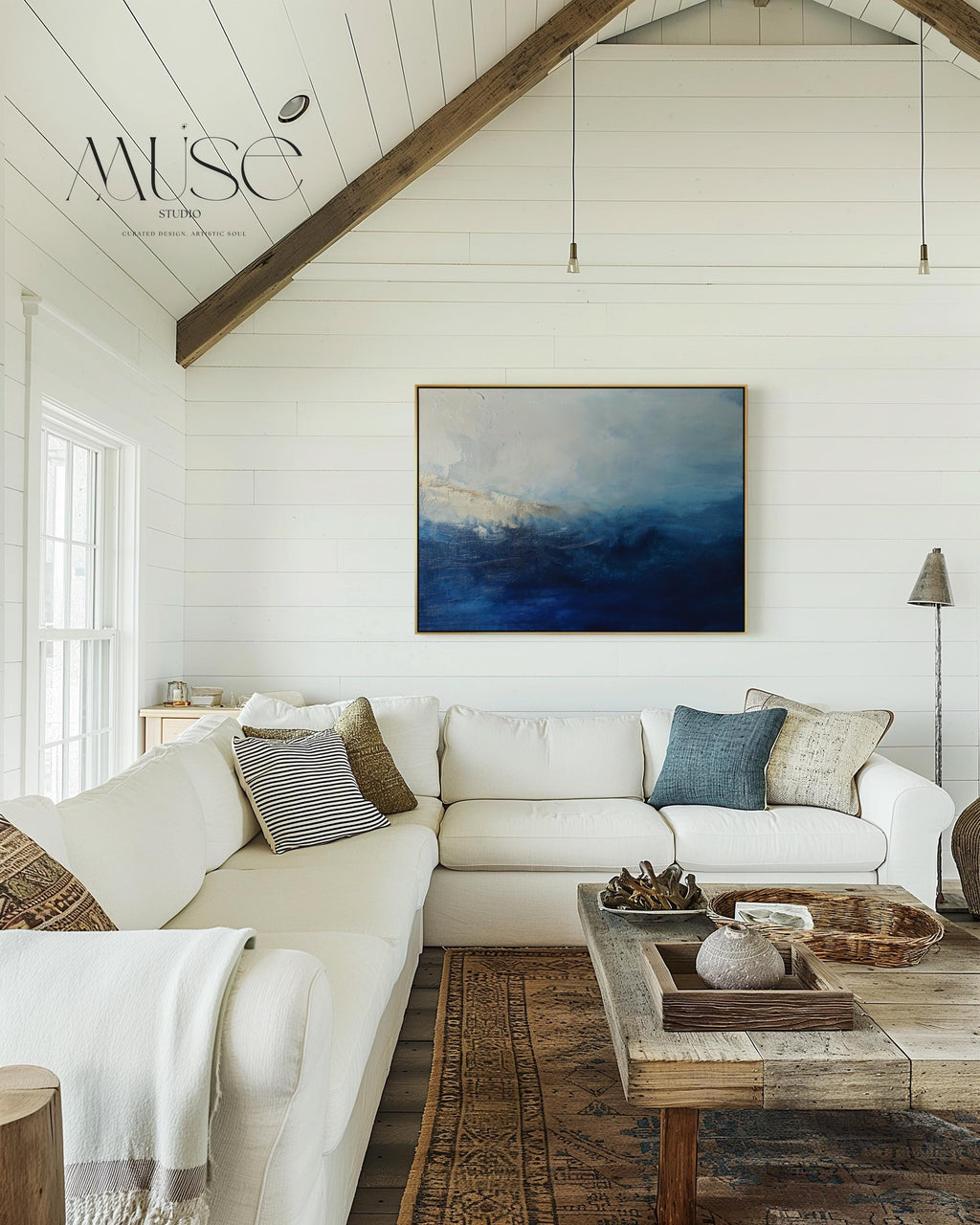 Coastal Abstract Wall Art in Navy Blue and Soft Sky Modern Large Canvas Painting for Living Room Bedroom or Office Decor | 347