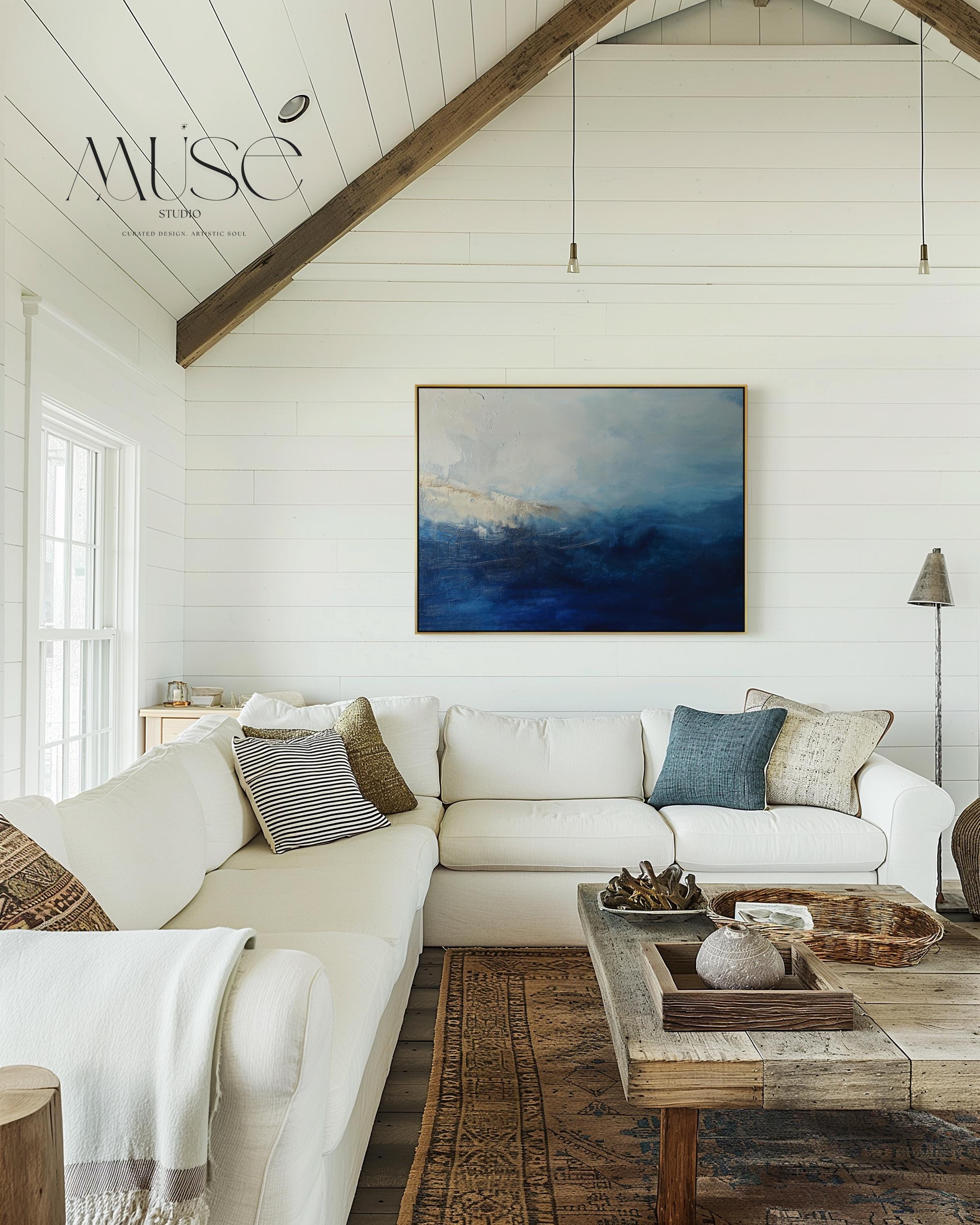 Coastal Abstract Wall Art in Navy Blue and Soft Sky Modern Large Canvas Painting for Living Room Bedroom or Office Decor | 347