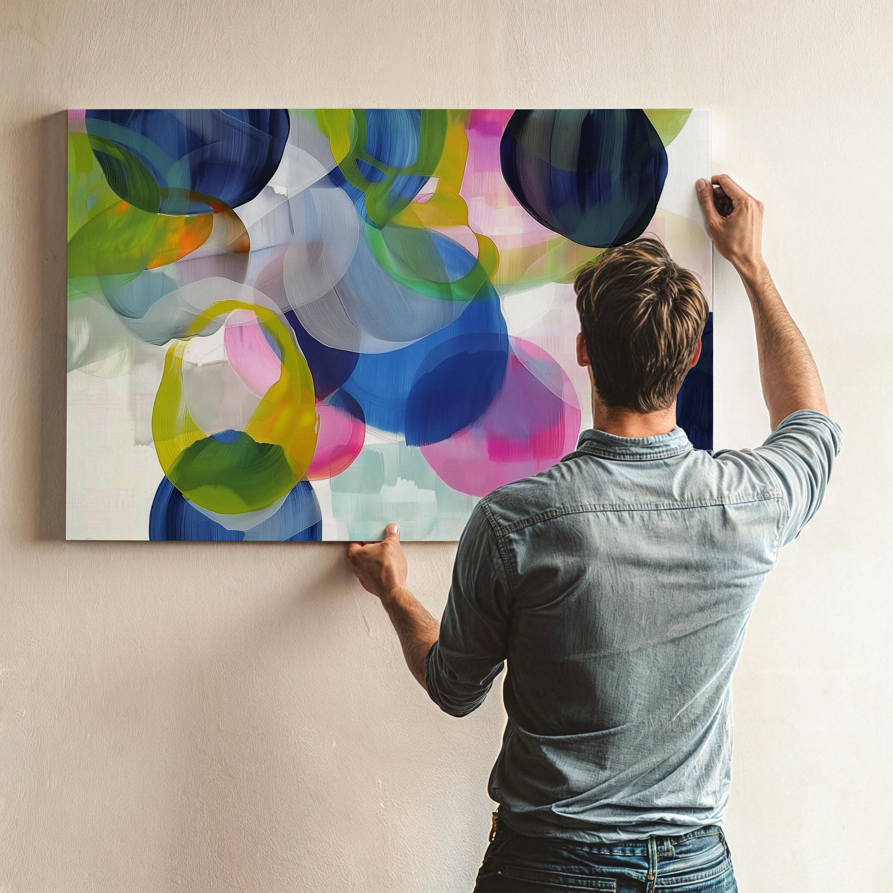 Eclectic Boho Abstract Wall Art in Navy Green Pink and Lemon Large Canvas Painting for Living Room Bedroom Office | 378 Stretched Canvas Art Large abstract wall decor on stretched canvas, gallery-wrapped and ready to hang. Perfect for colorful wall art in living rooms, office spaces, and design projects. Giclée canvas print with bold brushwork and vibrant modern style for impactful home decor. Muse Studio Decor Art.