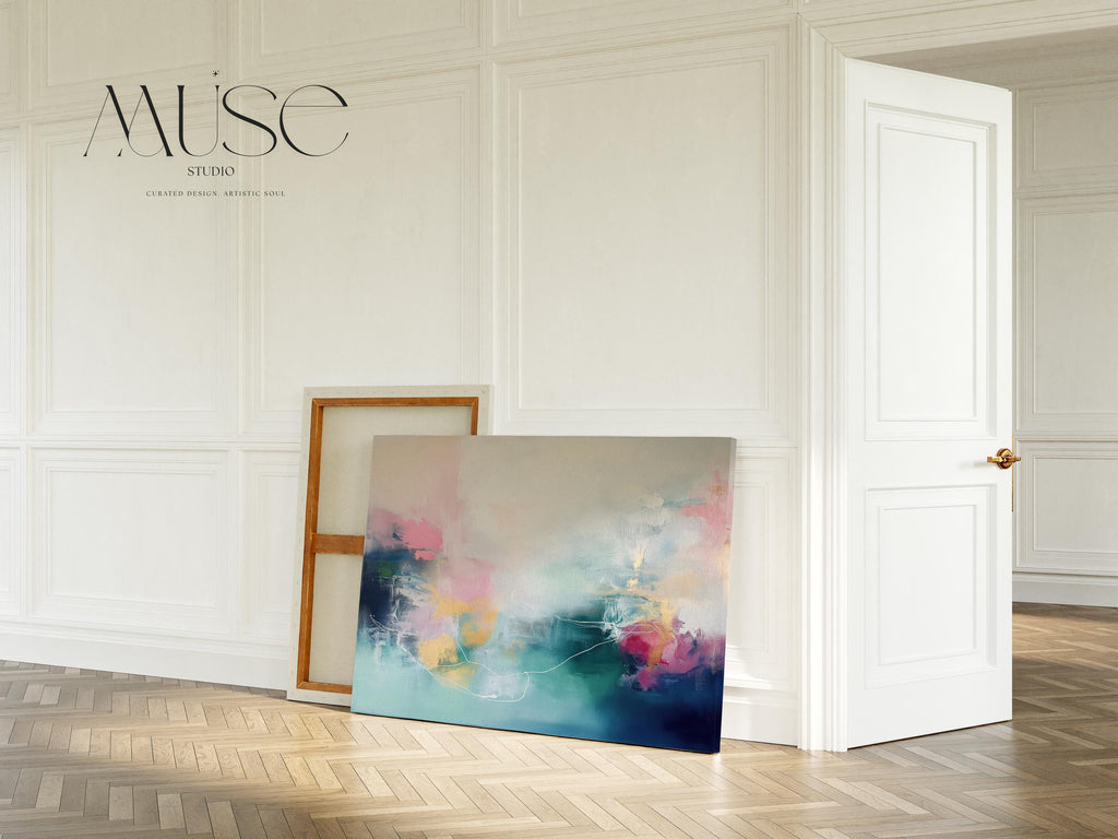 Soft Coastal Abstract Wall Art in Blush Pink Teal and Navy Modern Canvas Painting for Bedroom Living Room or Office Decor | 202 wall art prints, living room decor, abstract painting, abstract art, modern wall art, modern art, living room art, abstract wall art, canvas wall art, wall art, abstract print, colorful wall art