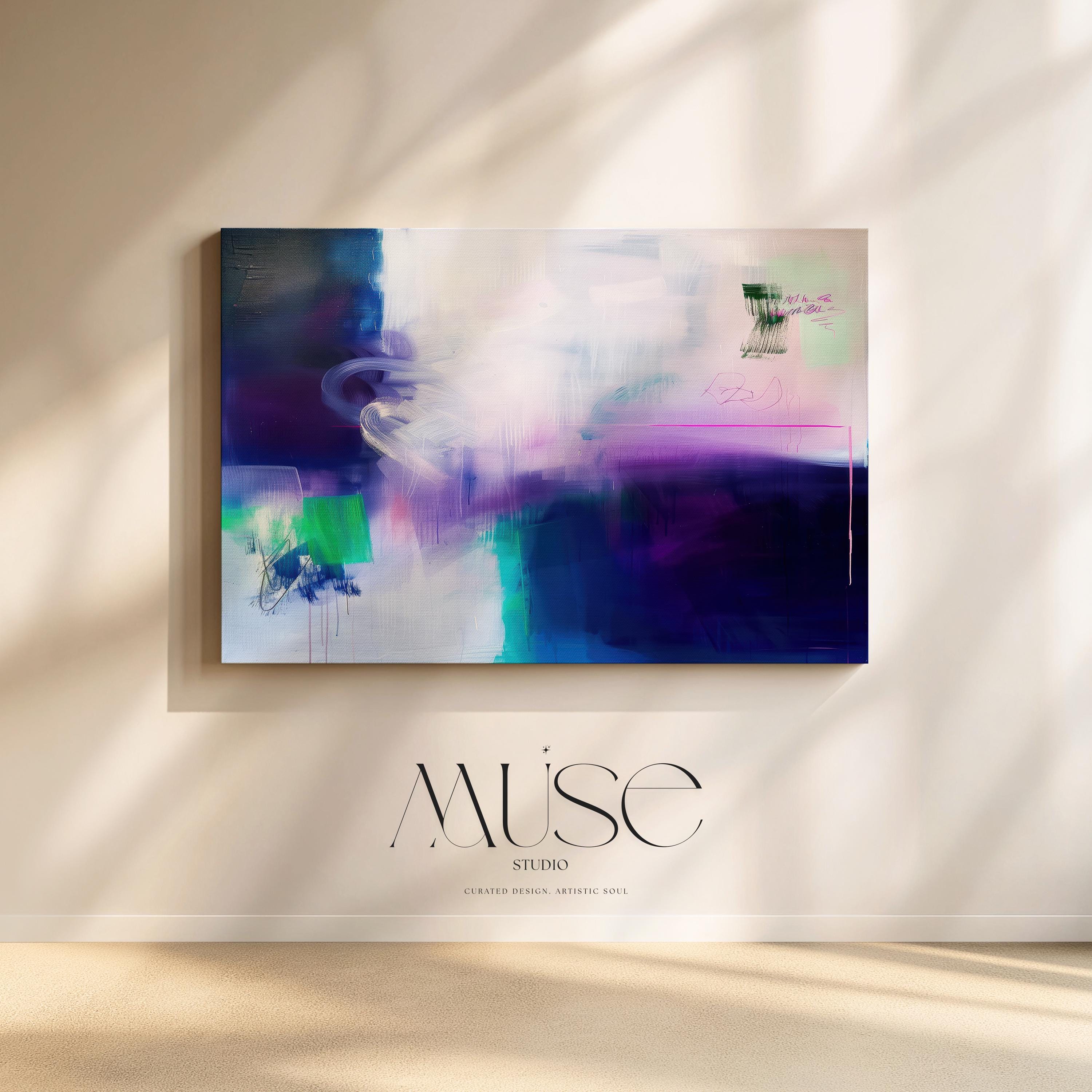 Expressive Abstract Wall Art in Navy Purple and Green Modern Canvas Painting for Living Room Bedroom or Office Decor | 325