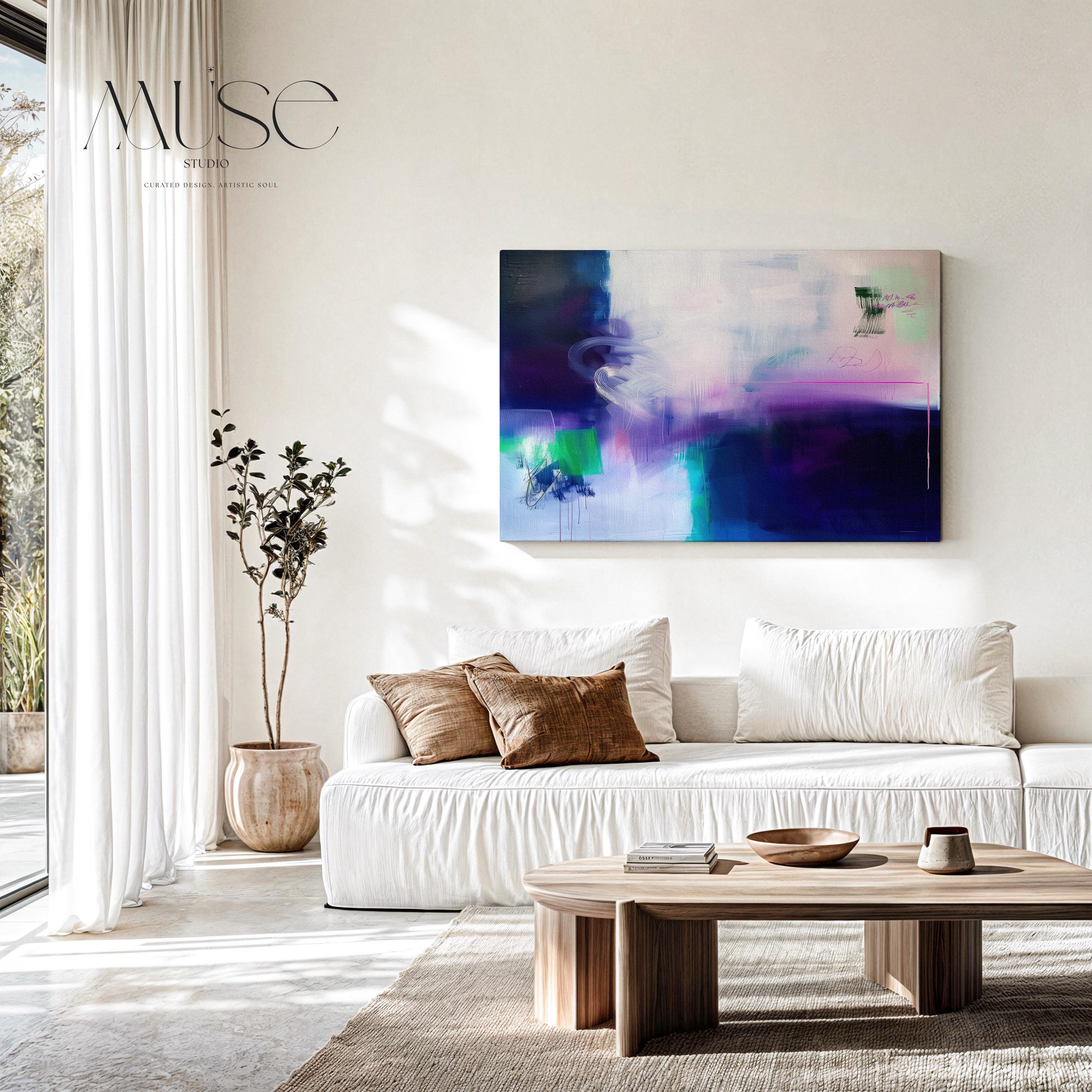 Expressive Abstract Wall Art in Navy Purple and Green Modern Canvas Painting for Living Room Bedroom or Office Decor | 325