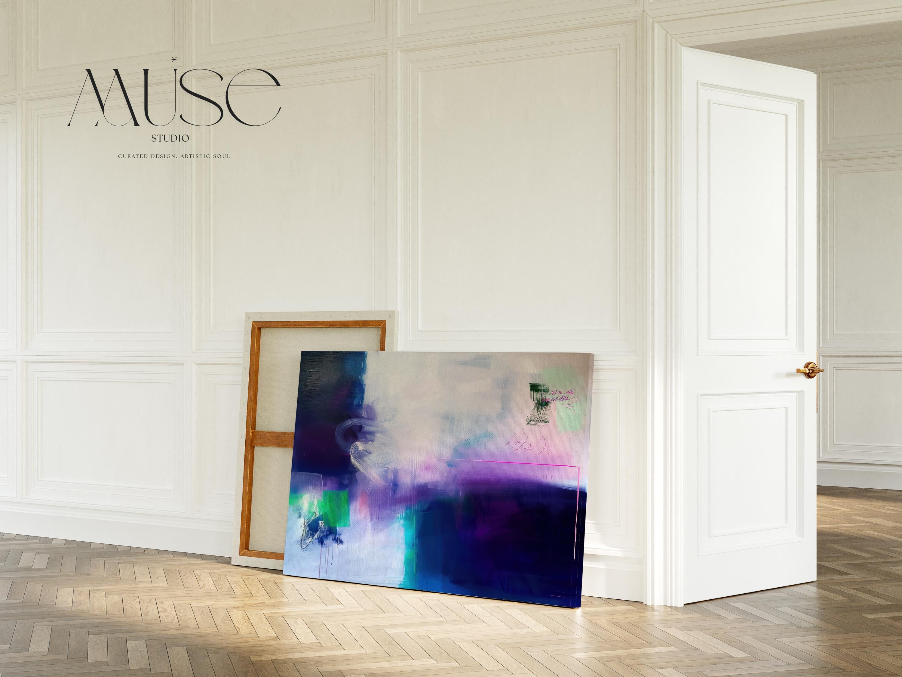 Expressive Abstract Wall Art in Navy Purple and Green Modern Canvas Painting for Living Room Bedroom or Office Decor | 325