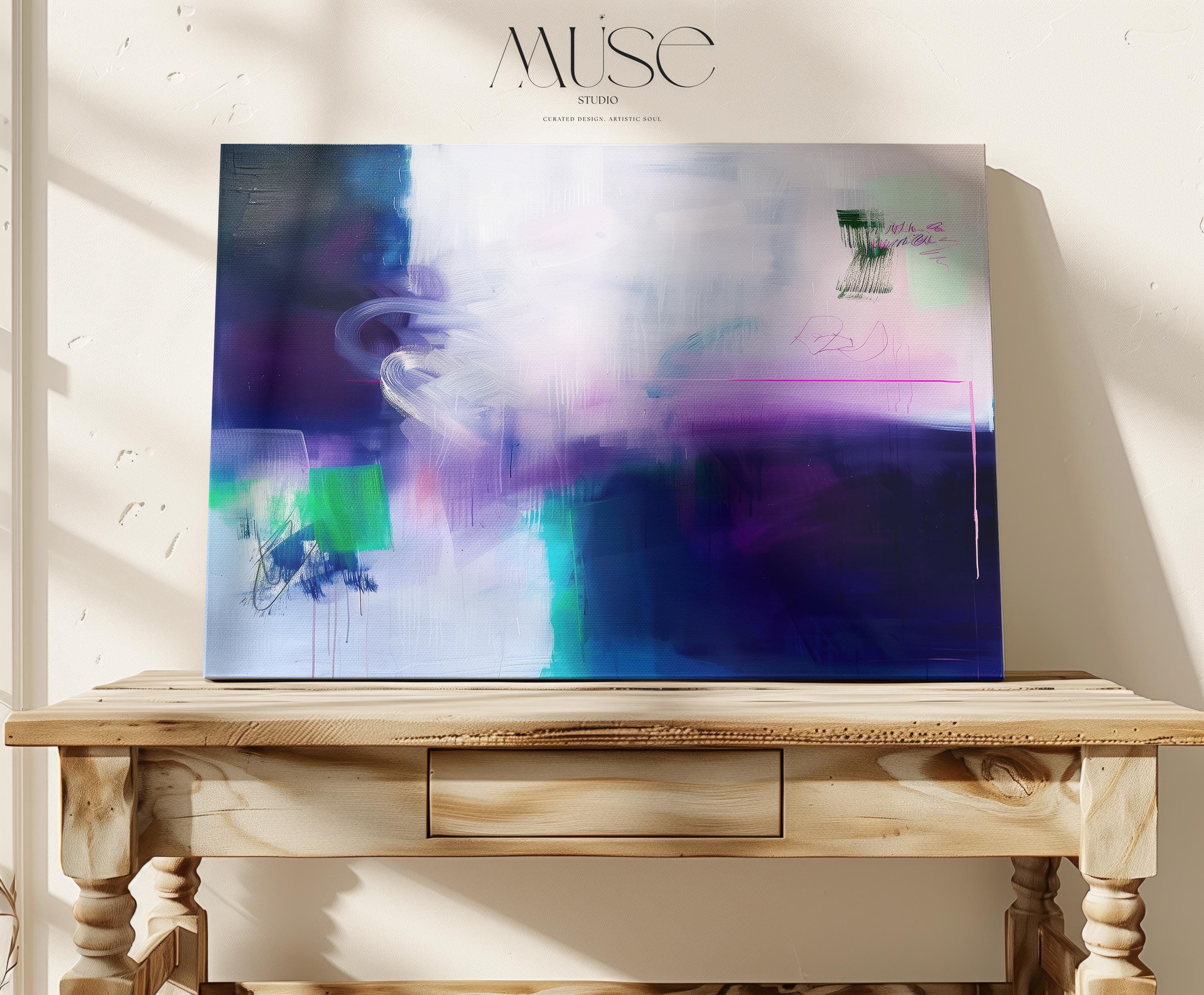 Expressive Abstract Wall Art in Navy Purple and Green Modern Canvas Painting for Living Room Bedroom or Office Decor | 325